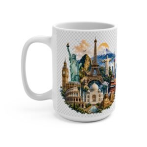 World Landmarks 15oz Coffee Mug — Eiffel Tower, Statue of Liberty & Global Travel Collage