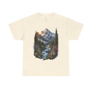 Mountain Stream T-Shirt — Scenic Nature Landscape Tee with Sunrise and Wildflowers