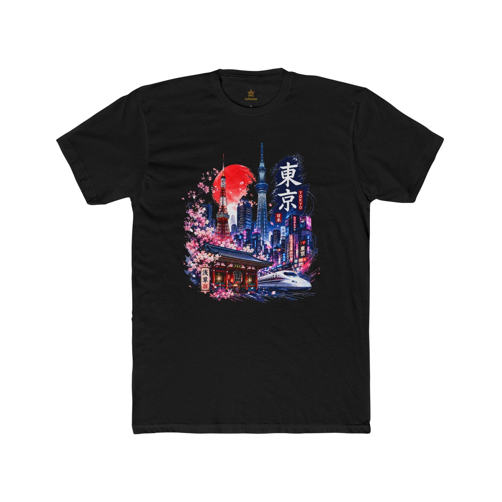 Tokyo Skyline T-Shirt – Cherry Blossoms, Shinkansen & Red Sun Graphic Tee - Image 4