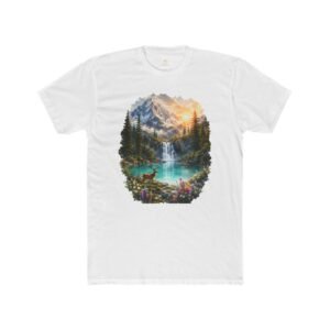 Mountain Waterfall T‑Shirt — Scenic Nature Tee with Sunrise Lake Art