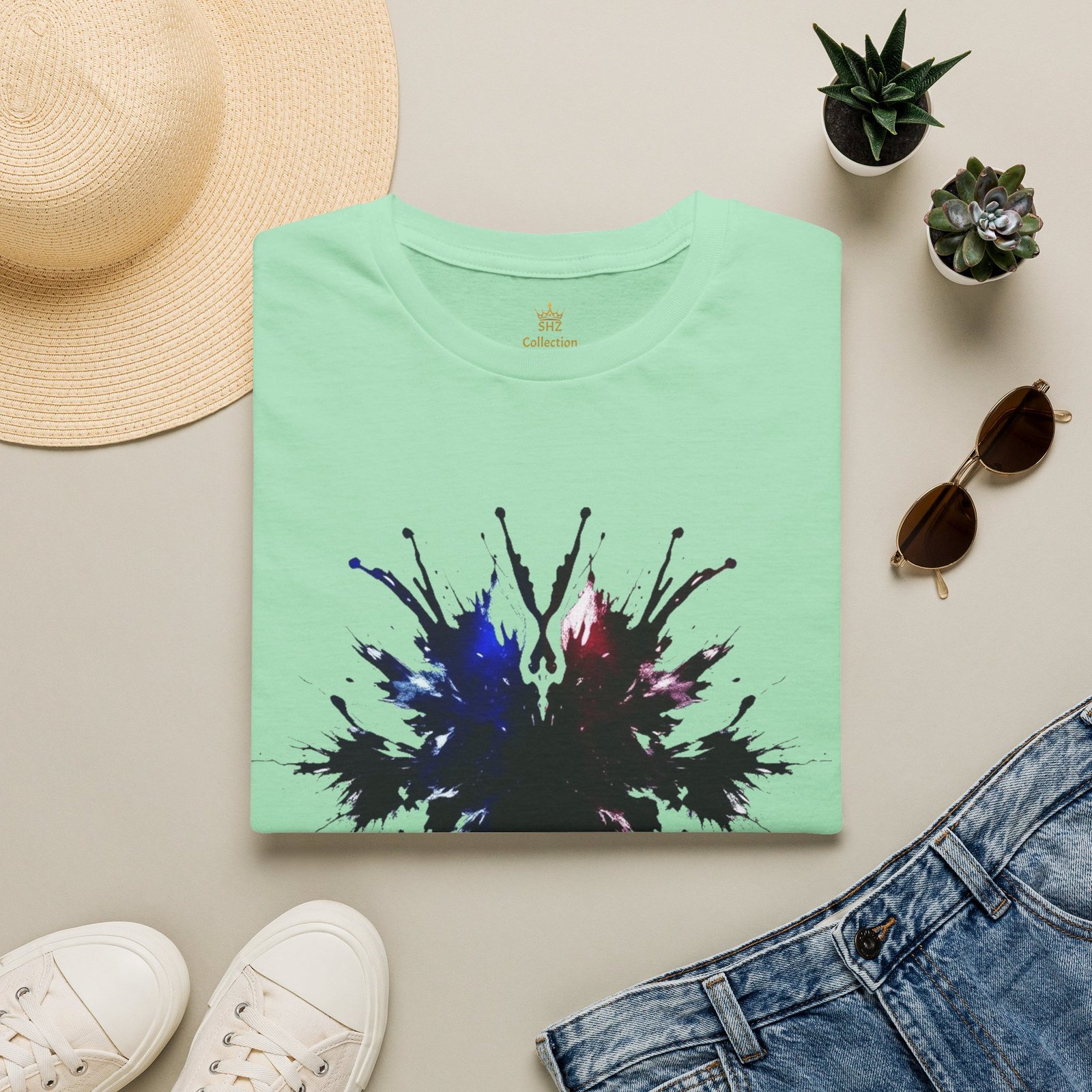 Inkblot Graphic T-Shirt — Abstract Rorschach Design (Black with Subtle Blue & Red) - Image 52