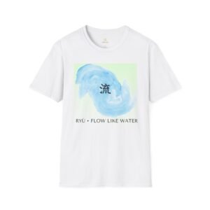 Flow Like Water T-Shirt — Blue Watercolor Wave with Kanji "流"
