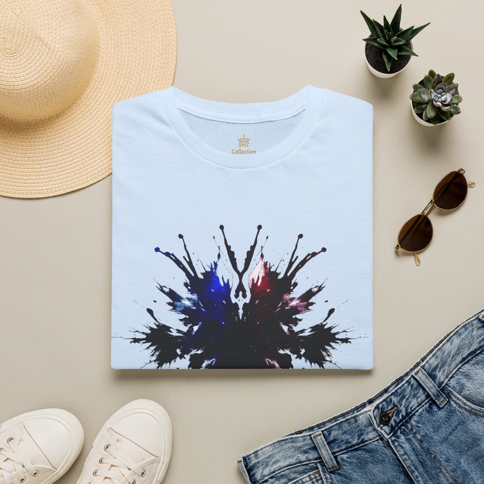 Inkblot Graphic T-Shirt — Abstract Rorschach Design (Black with Subtle Blue & Red) - Image 4