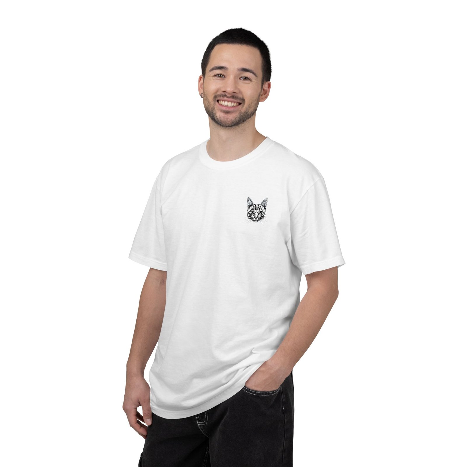 Minimal Cat Pocket T-Shirt — Cute White Graphic Tee - Image 10