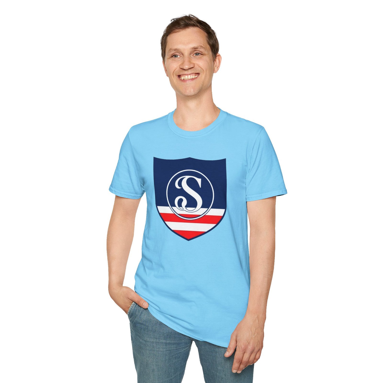 Shield Logo T‑Shirt — Navy Monogram 'S' with Red & White Stripe - Image 63