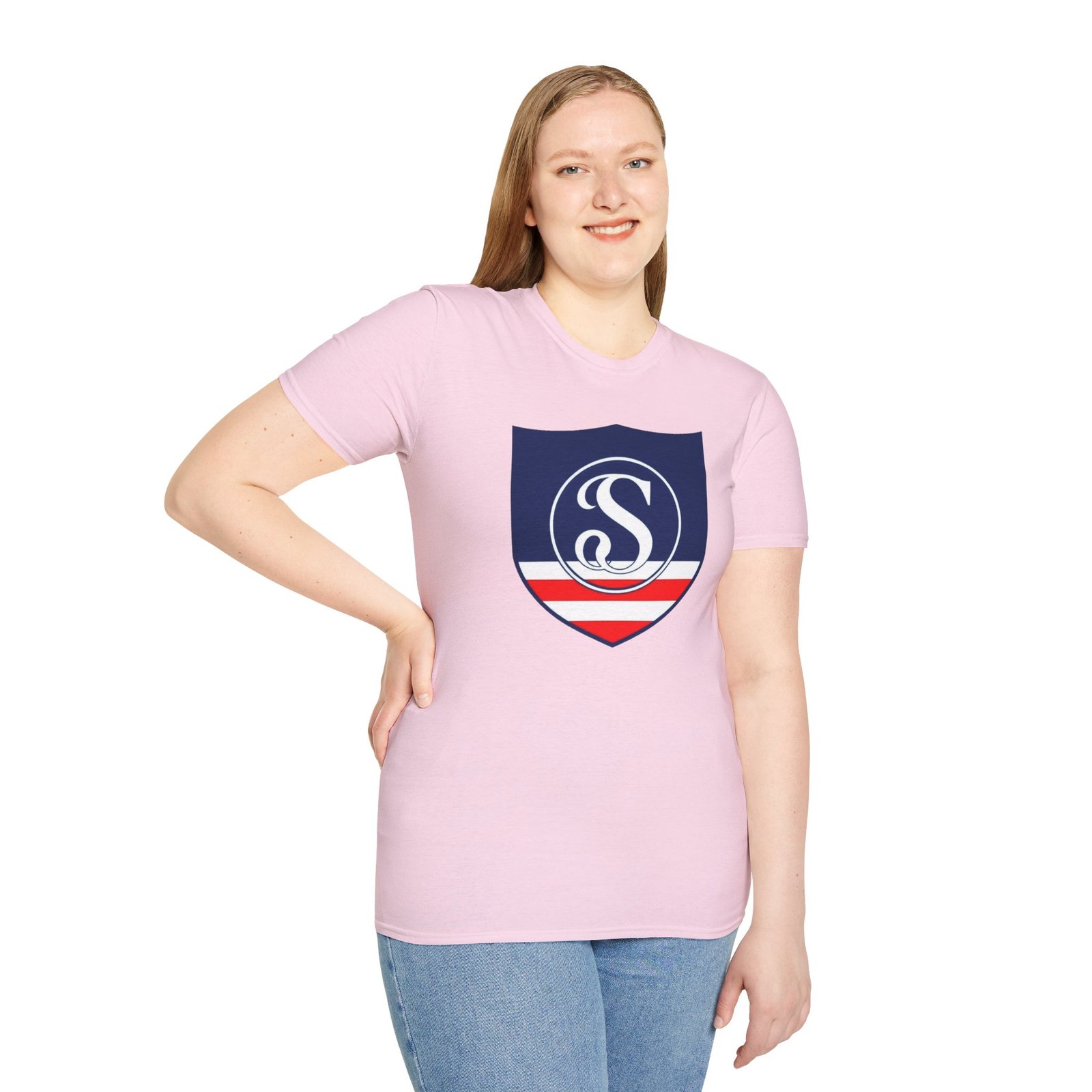 Shield Logo T‑Shirt — Navy Monogram 'S' with Red & White Stripe - Image 86