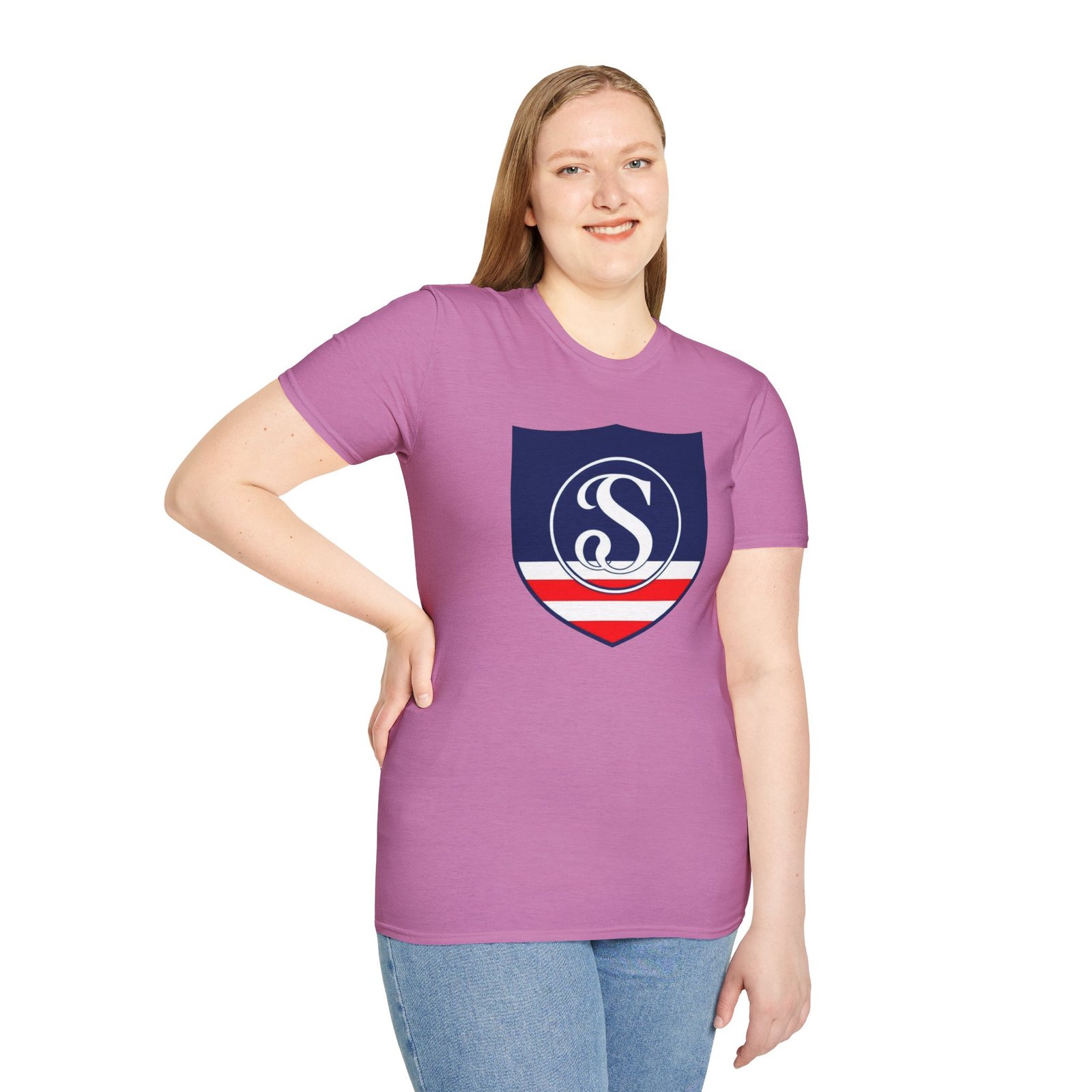 Shield Logo T‑Shirt — Navy Monogram 'S' with Red & White Stripe - Image 78