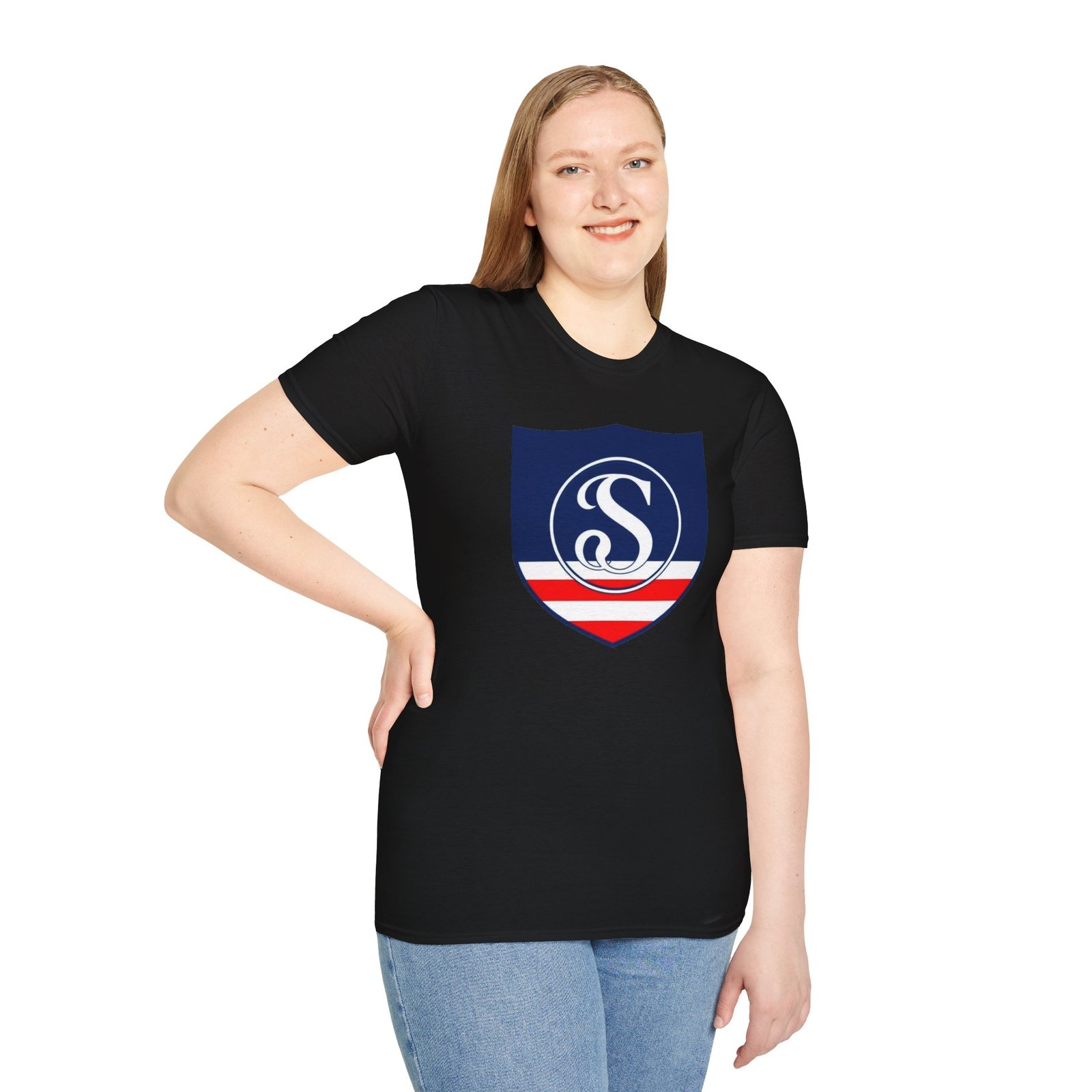 Shield Logo T‑Shirt — Navy Monogram 'S' with Red & White Stripe - Image 22