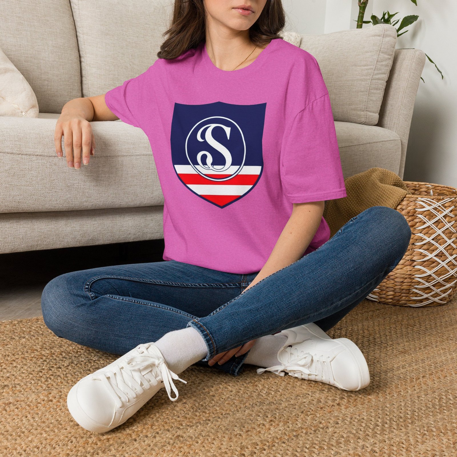 Shield Logo T‑Shirt — Navy Monogram 'S' with Red & White Stripe - Image 92