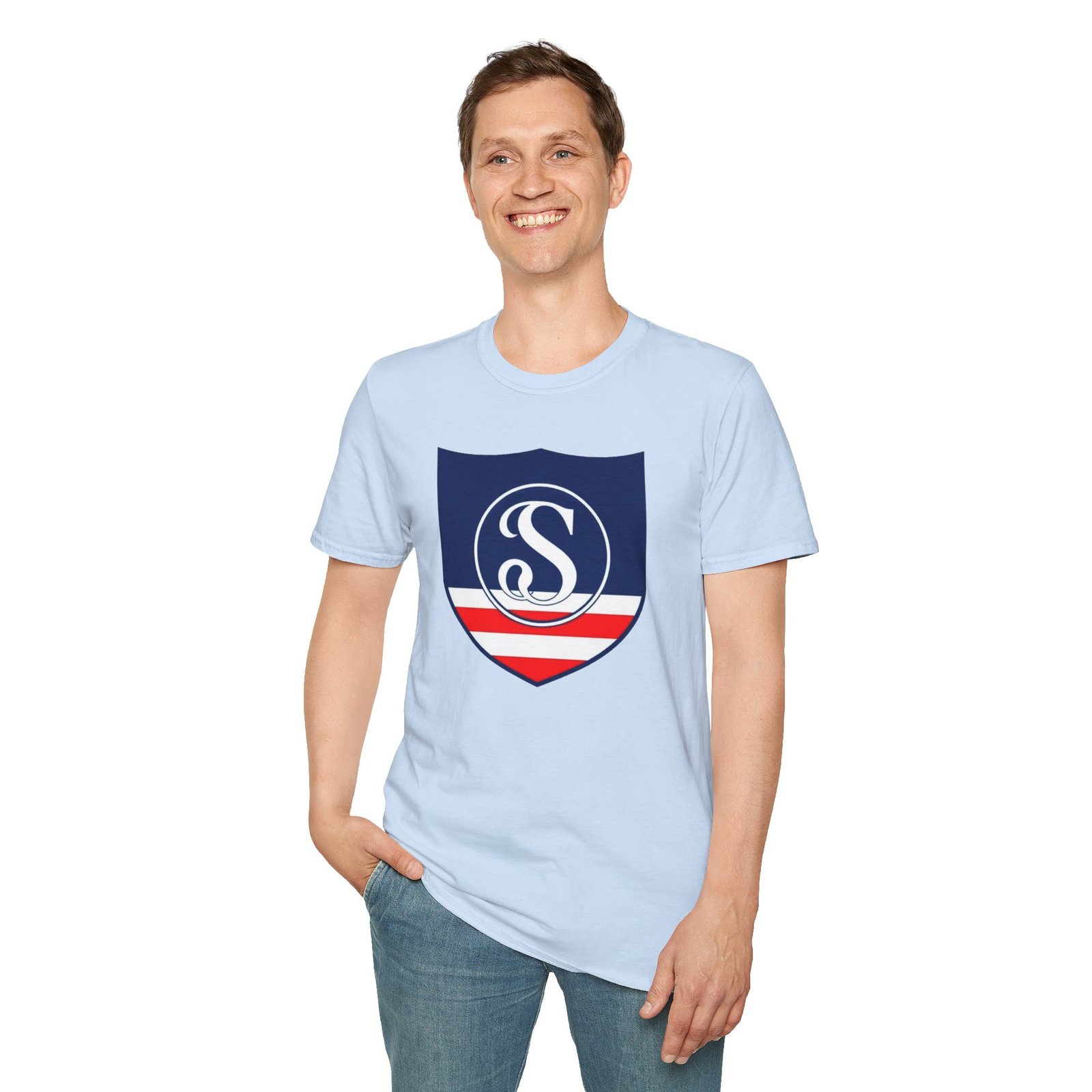 Shield Logo T‑Shirt — Navy Monogram 'S' with Red & White Stripe - Image 71