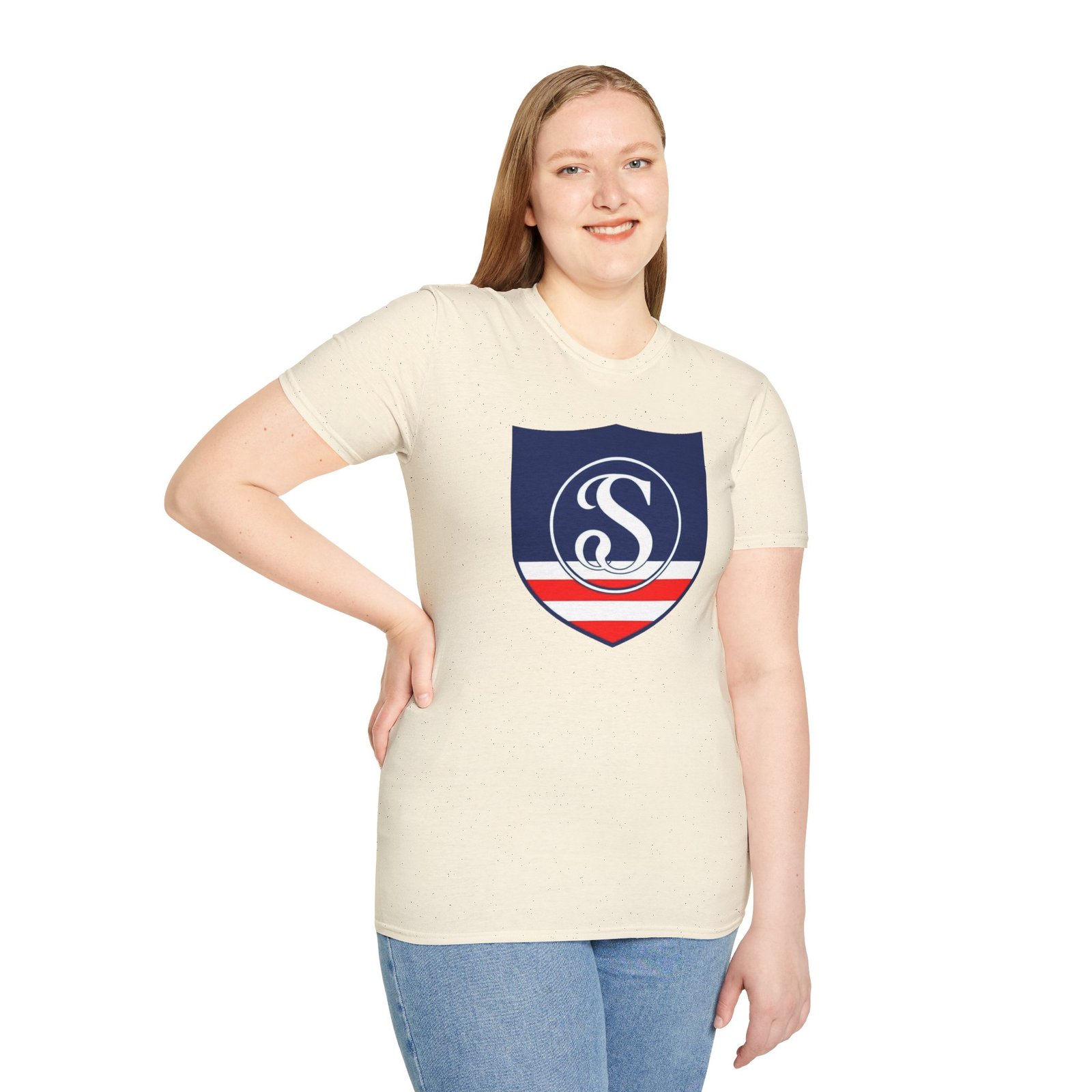 Shield Logo T‑Shirt — Navy Monogram 'S' with Red & White Stripe - Image 38