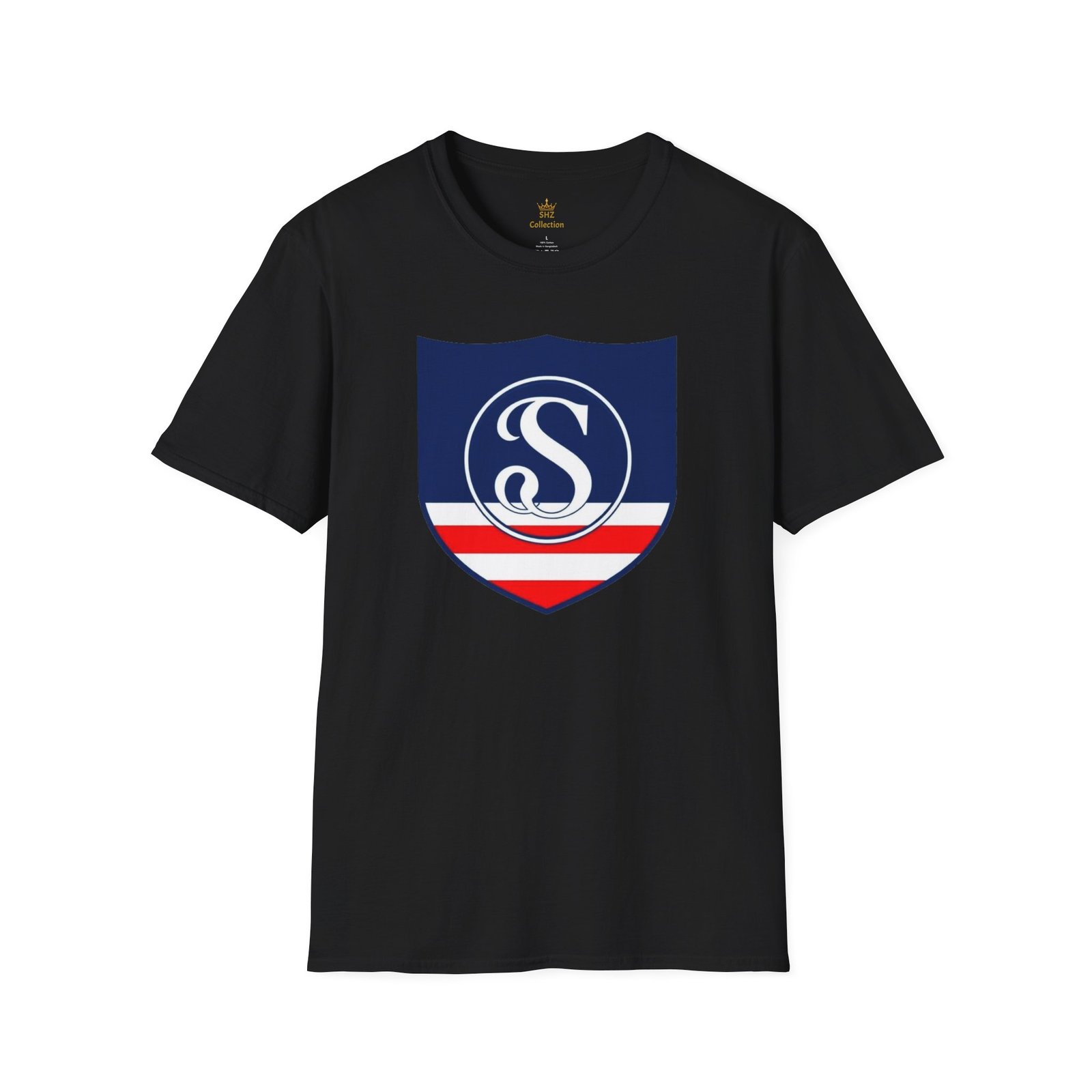 Shield Logo T‑Shirt — Navy Monogram 'S' with Red & White Stripe - Image 17