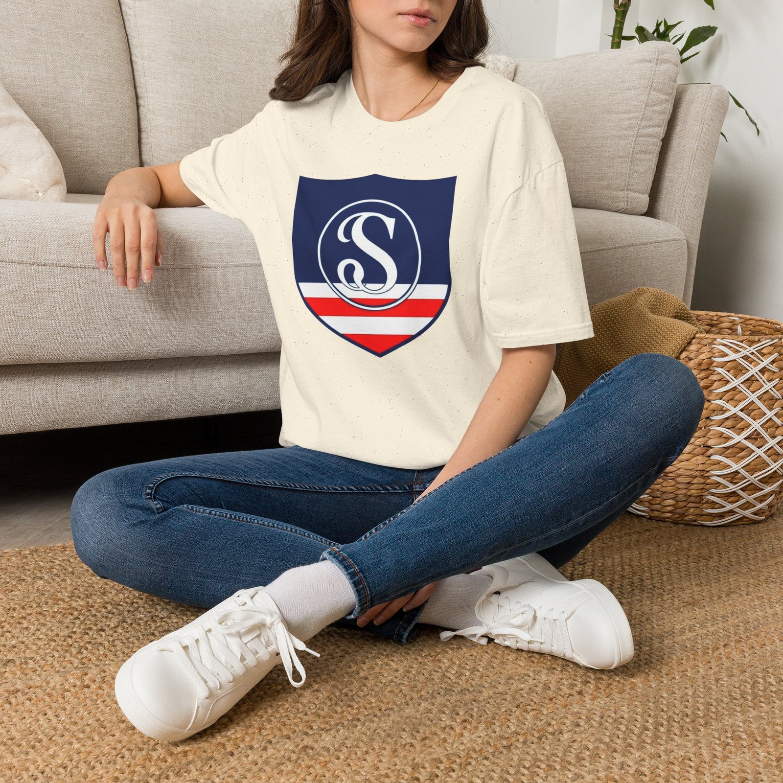 Shield Logo T‑Shirt — Navy Monogram 'S' with Red & White Stripe - Image 36