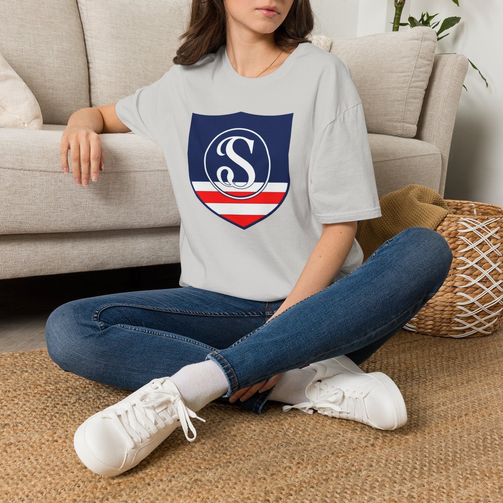 Shield Logo T‑Shirt — Navy Monogram 'S' with Red & White Stripe - Image 28