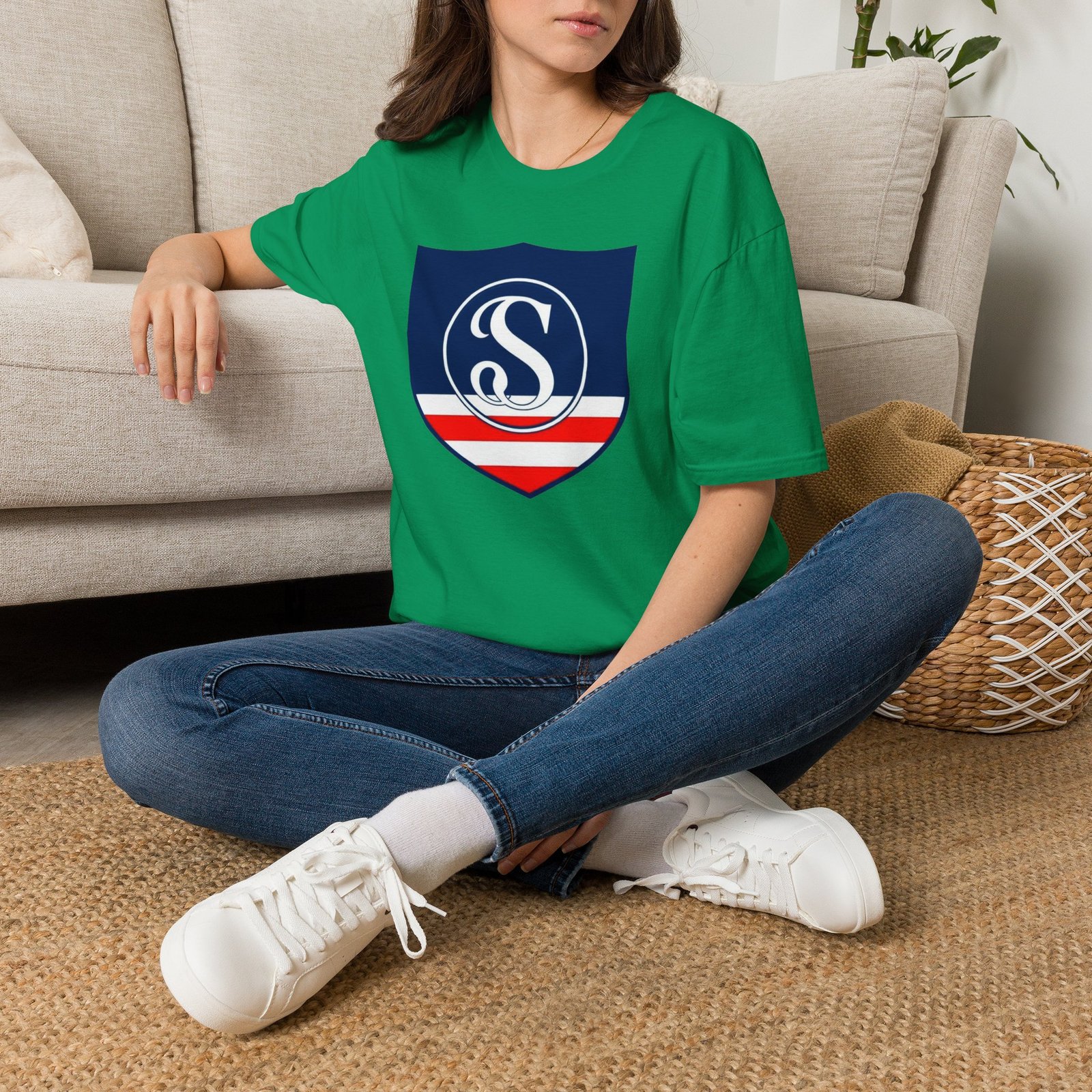 Shield Logo T‑Shirt — Navy Monogram 'S' with Red & White Stripe - Image 52