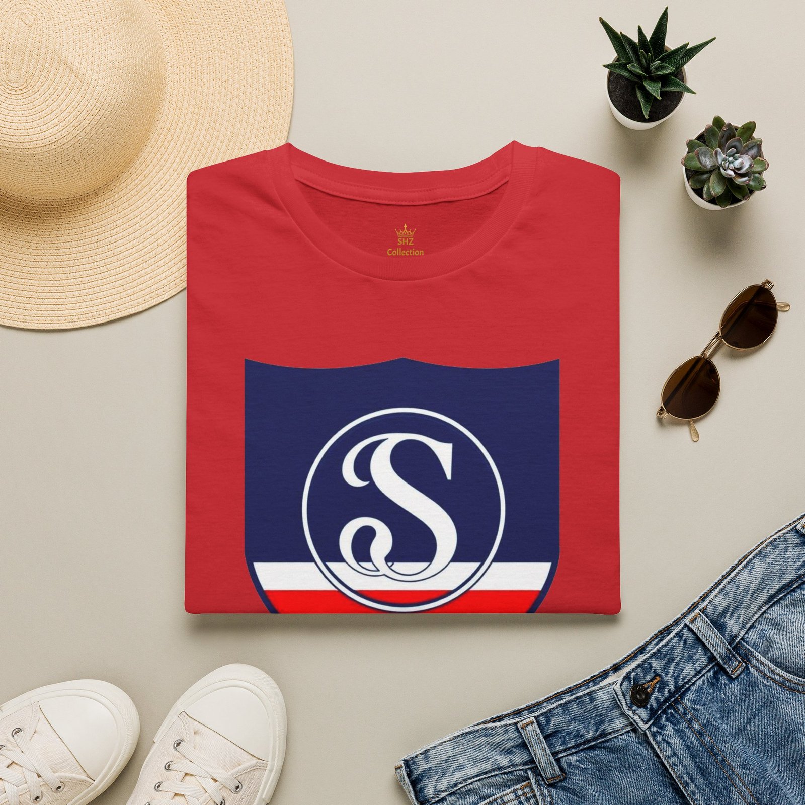 Shield Logo T‑Shirt — Navy Monogram 'S' with Red & White Stripe - Image 101