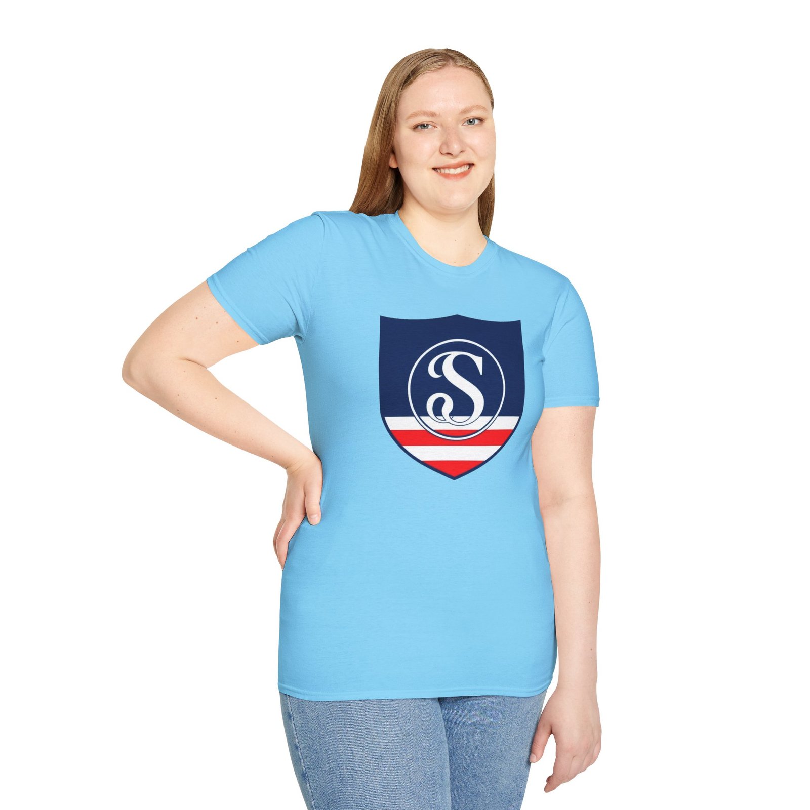 Shield Logo T‑Shirt — Navy Monogram 'S' with Red & White Stripe - Image 62
