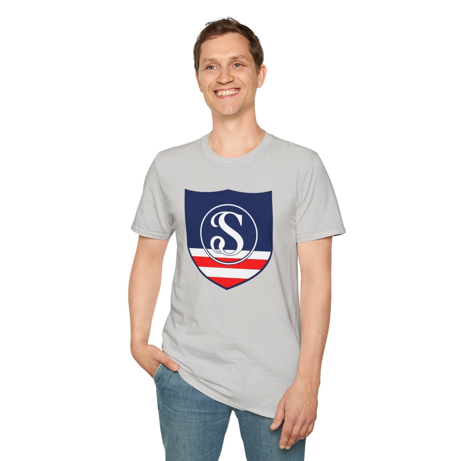 Shield Logo T‑Shirt — Navy Monogram 'S' with Red & White Stripe - Image 31