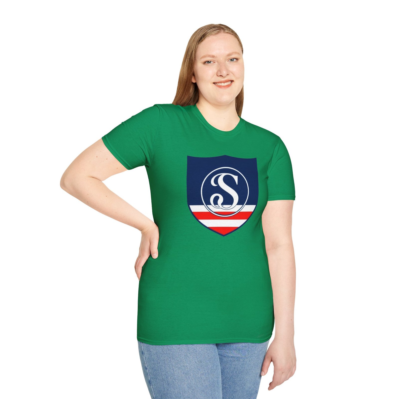 Shield Logo T‑Shirt — Navy Monogram 'S' with Red & White Stripe - Image 54