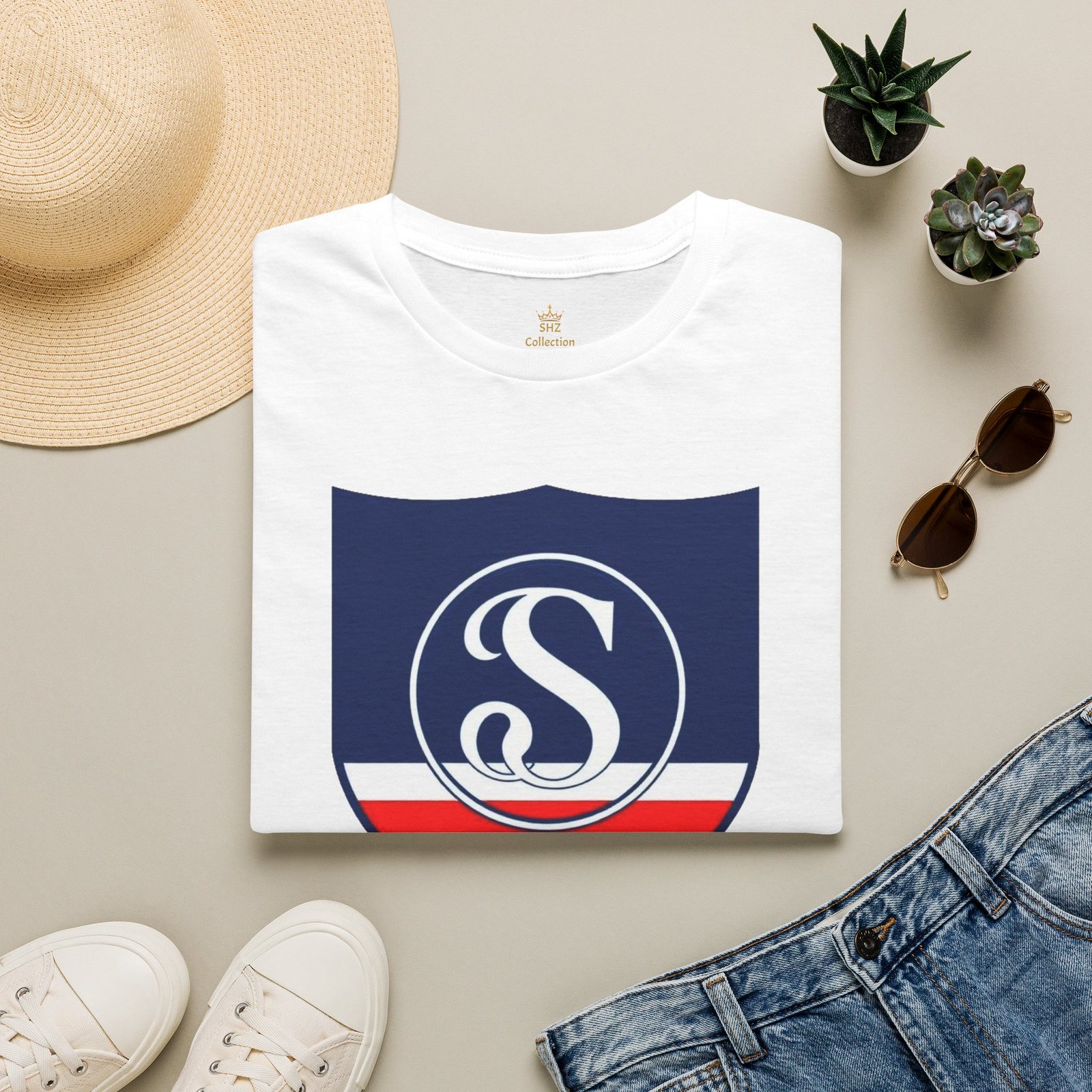 Shield Logo T‑Shirt — Navy Monogram 'S' with Red & White Stripe - Image 6