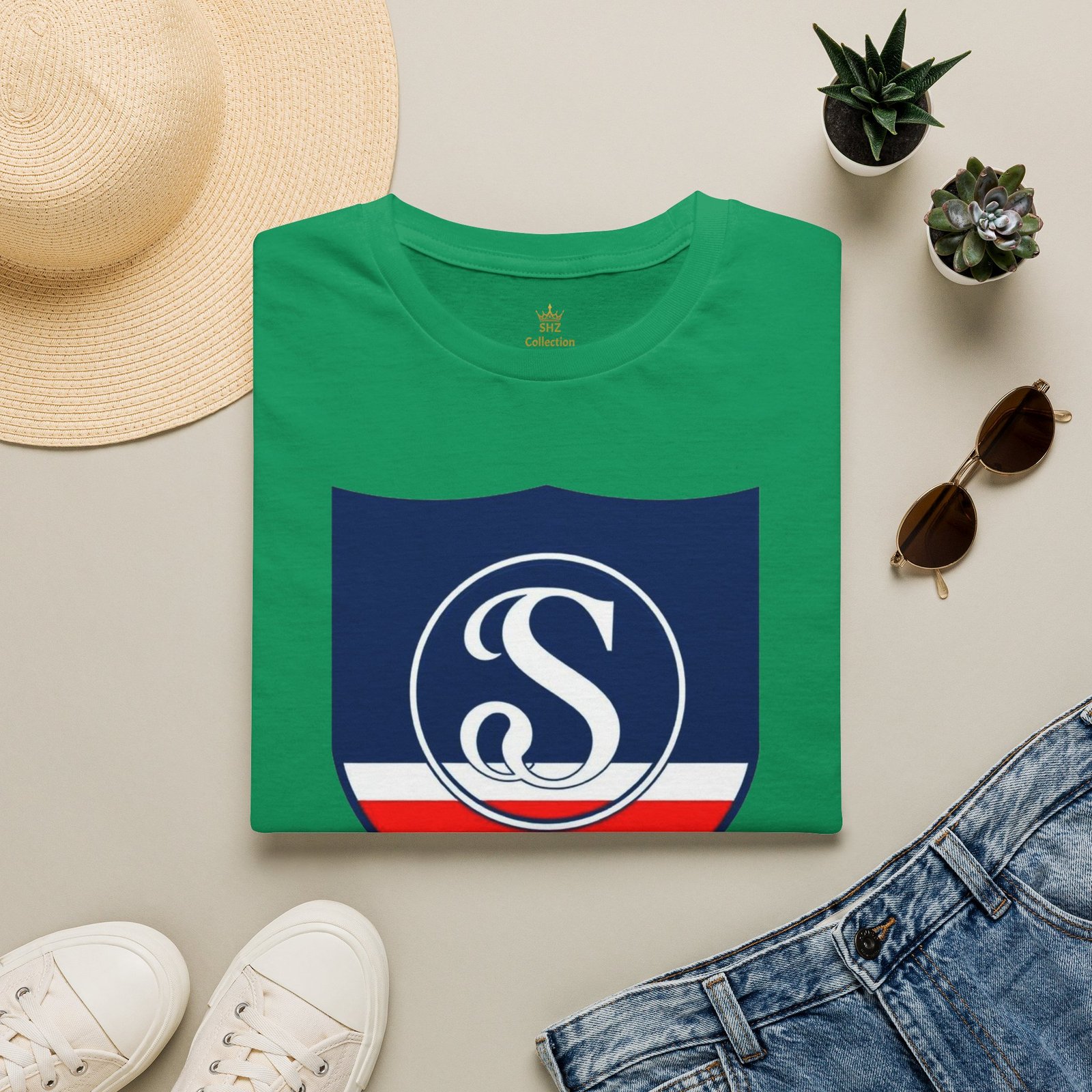 Shield Logo T‑Shirt — Navy Monogram 'S' with Red & White Stripe - Image 53