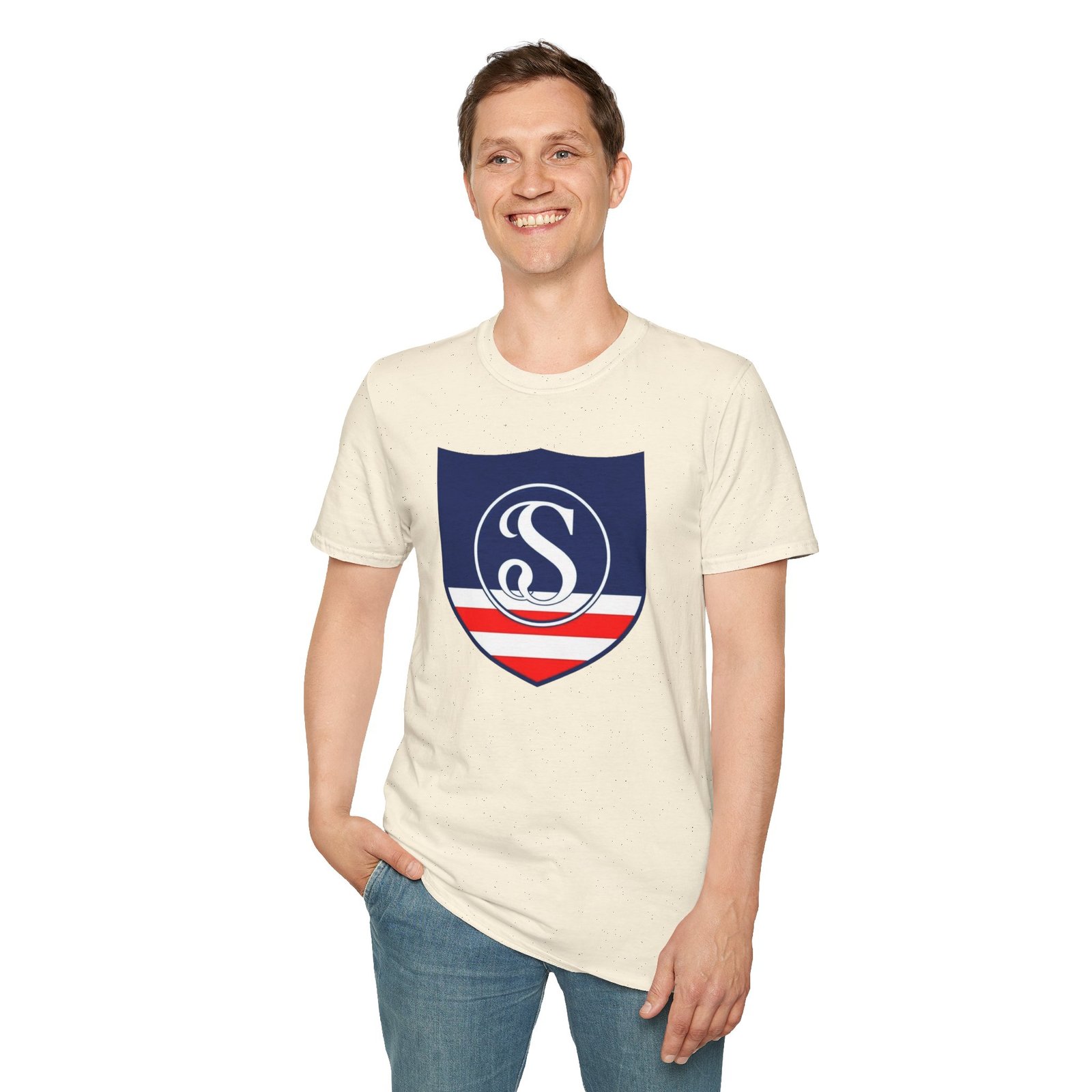 Shield Logo T‑Shirt — Navy Monogram 'S' with Red & White Stripe - Image 39