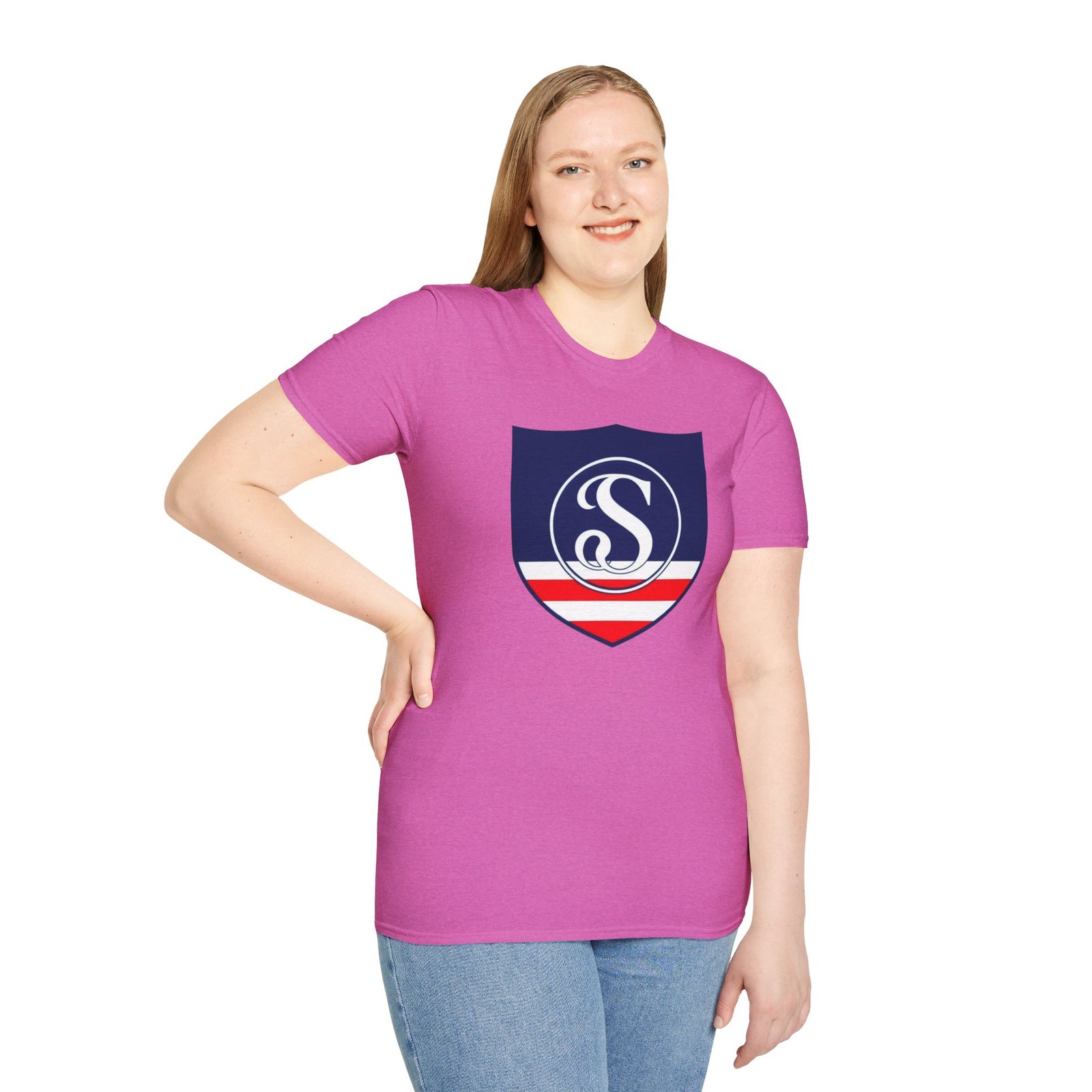 Shield Logo T‑Shirt — Navy Monogram 'S' with Red & White Stripe - Image 94