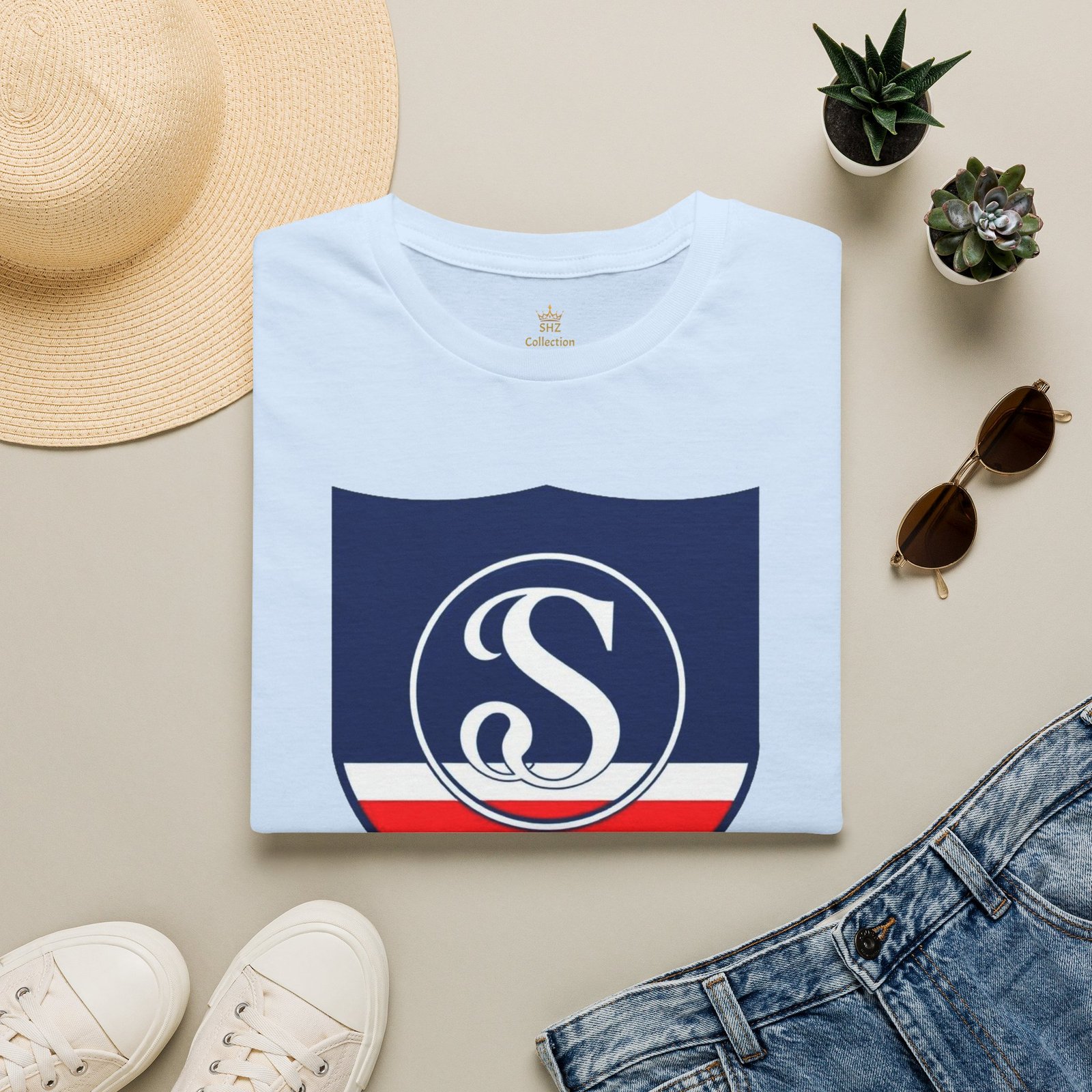 Shield Logo T‑Shirt — Navy Monogram 'S' with Red & White Stripe - Image 69