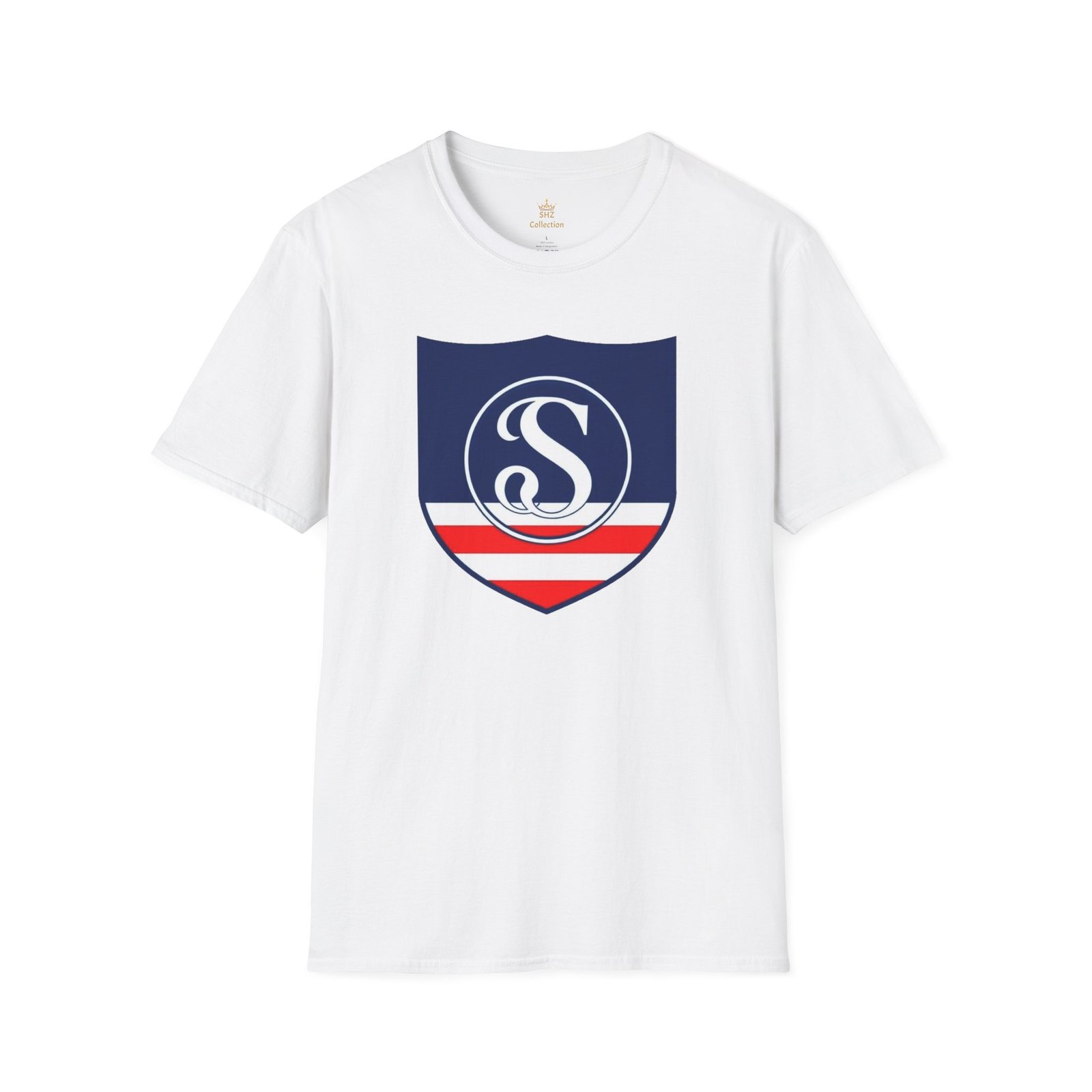 Shield Logo T‑Shirt — Navy Monogram 'S' with Red & White Stripe - Image 2