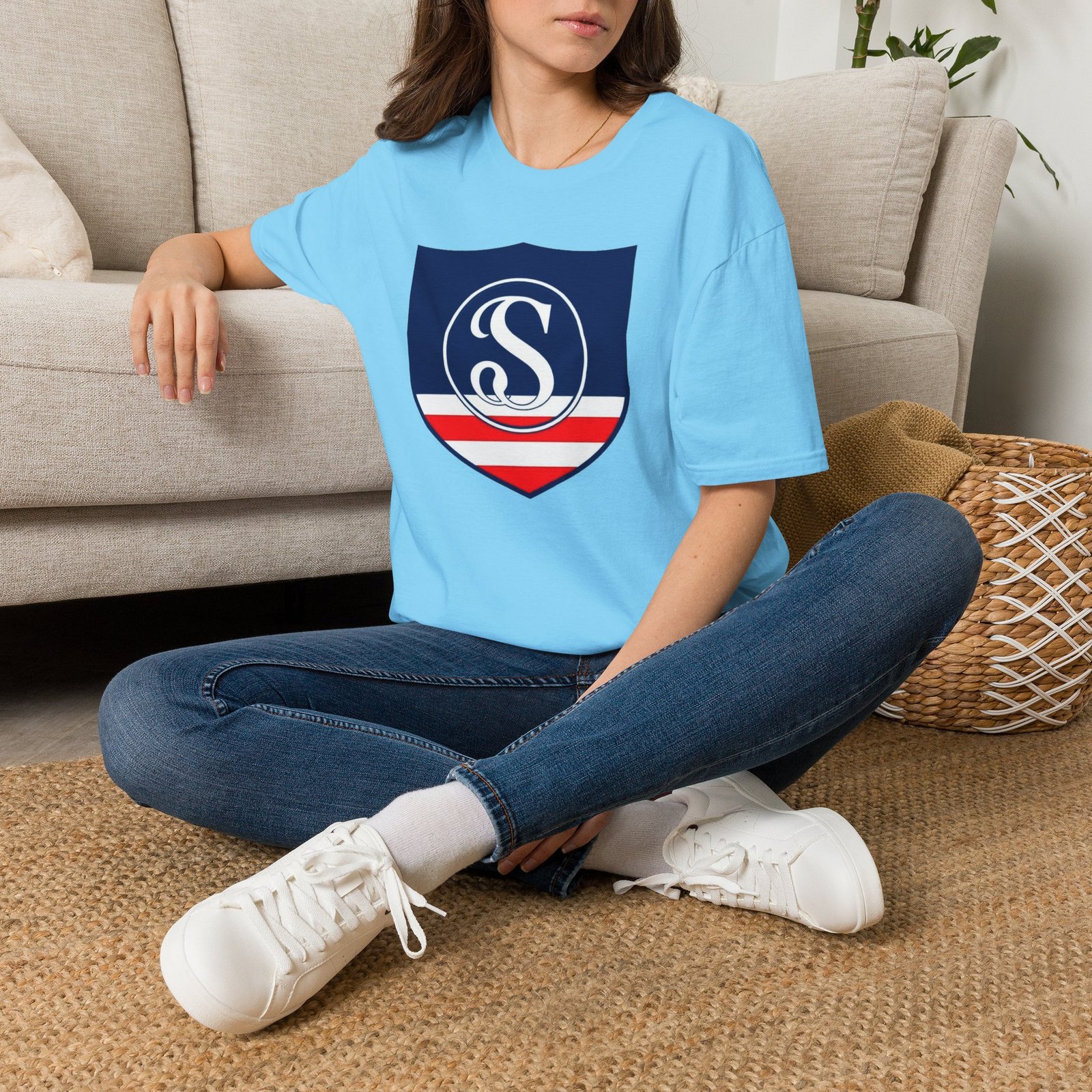 Shield Logo T‑Shirt — Navy Monogram 'S' with Red & White Stripe - Image 60