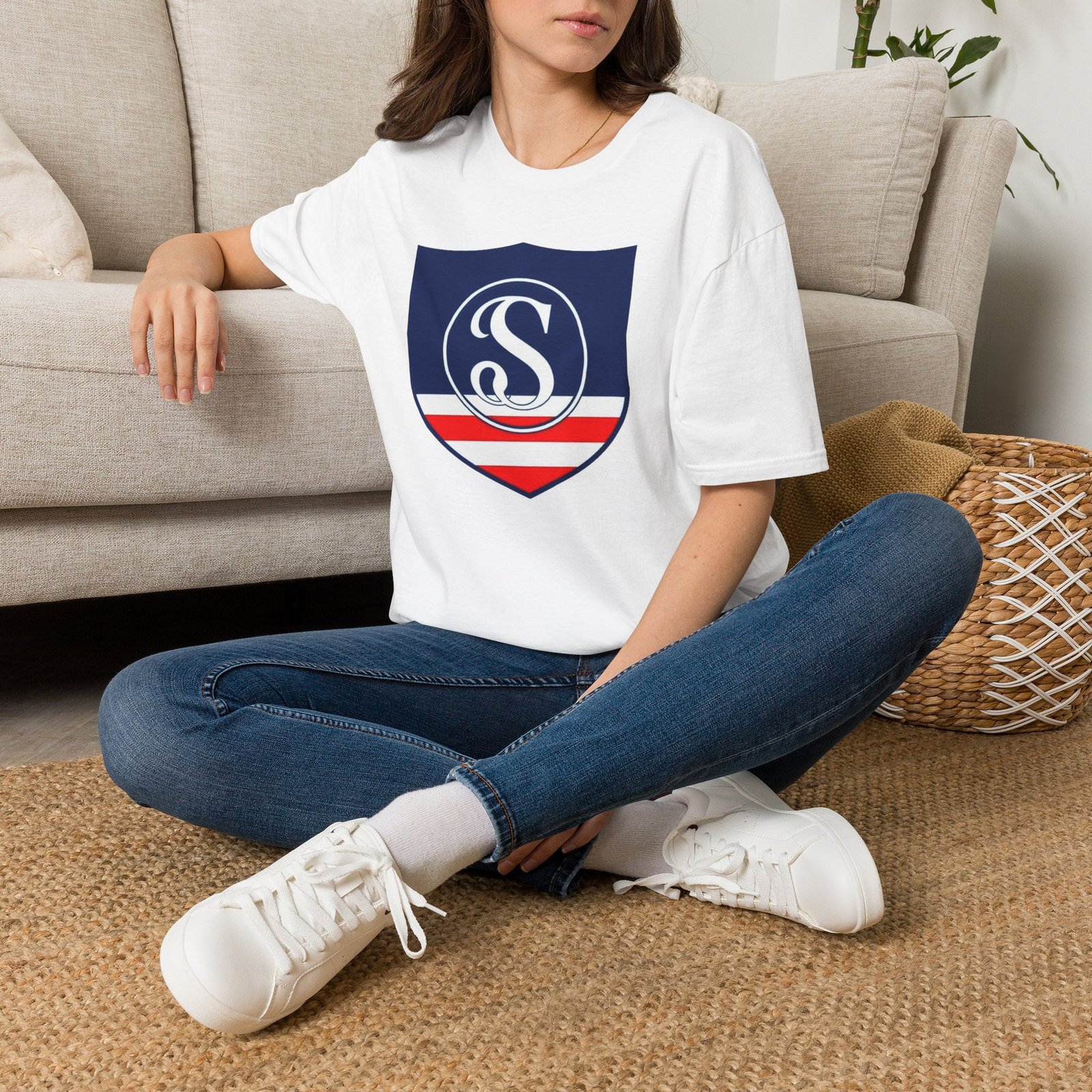 Shield Logo T‑Shirt — Navy Monogram 'S' with Red & White Stripe - Image 5