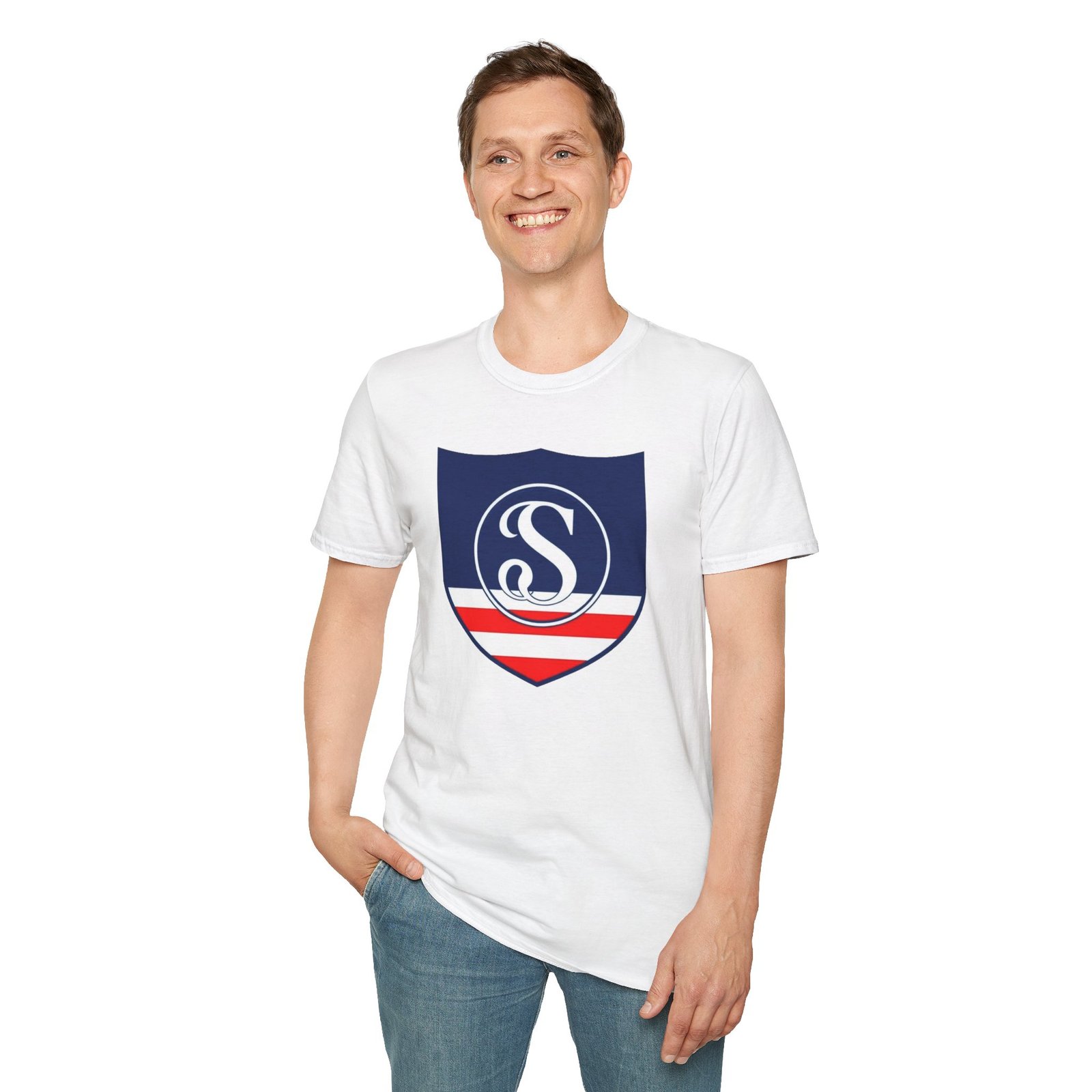 Shield Logo T‑Shirt — Navy Monogram 'S' with Red & White Stripe - Image 7