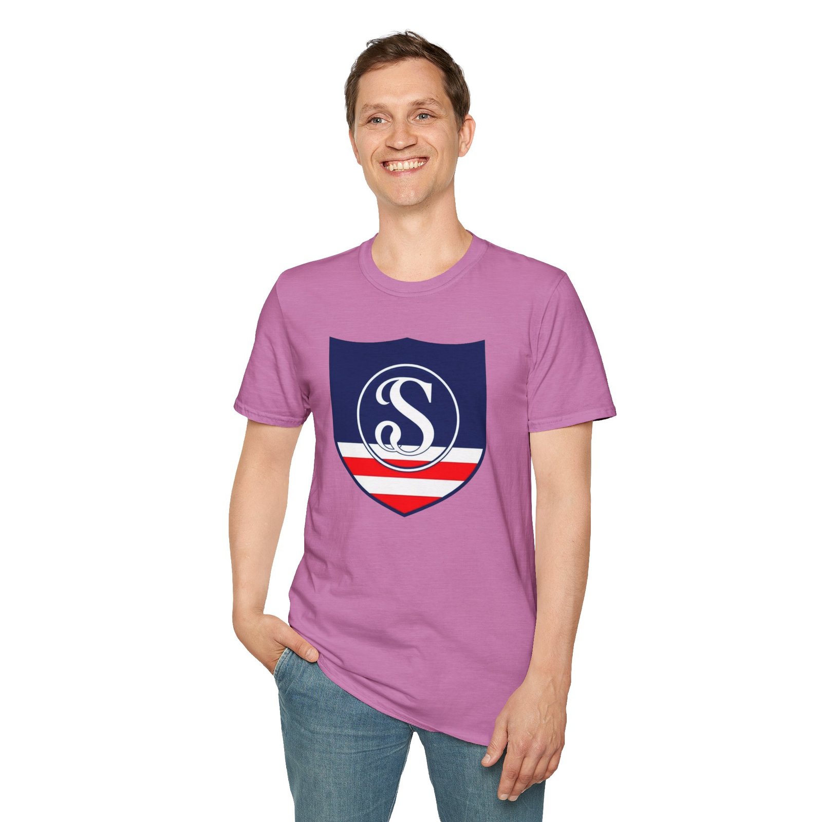 Shield Logo T‑Shirt — Navy Monogram 'S' with Red & White Stripe - Image 79