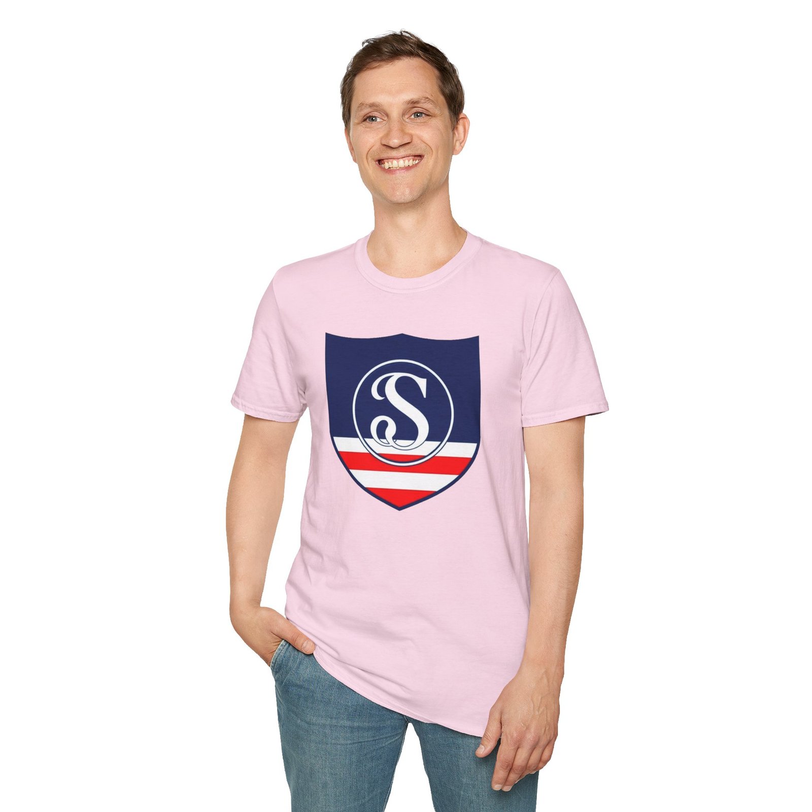 Shield Logo T‑Shirt — Navy Monogram 'S' with Red & White Stripe - Image 87