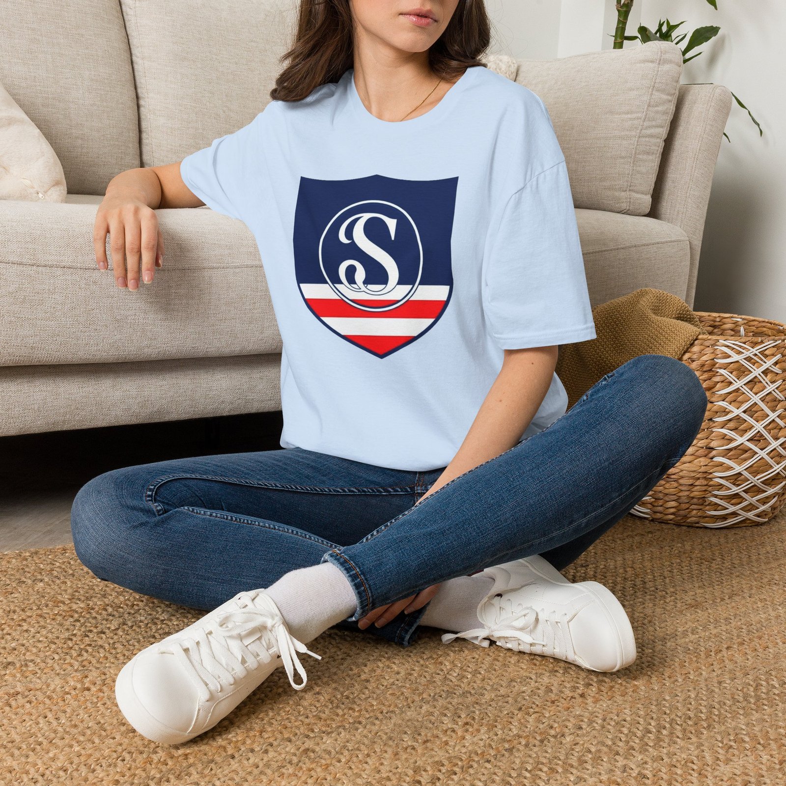 Shield Logo T‑Shirt — Navy Monogram 'S' with Red & White Stripe - Image 68