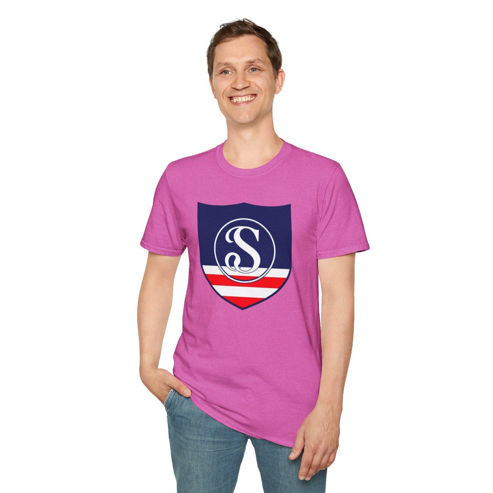 Shield Logo T‑Shirt — Navy Monogram 'S' with Red & White Stripe - Image 95