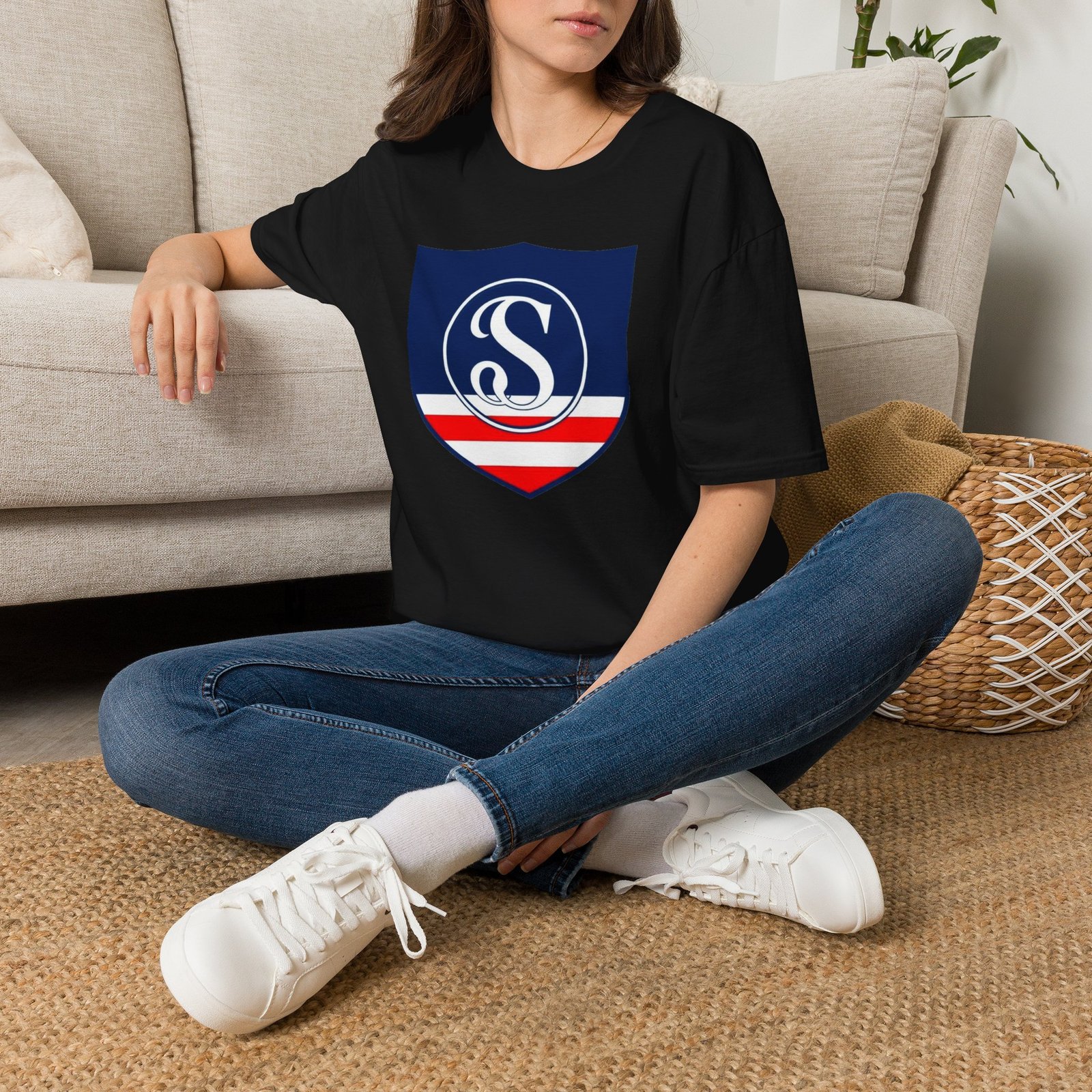 Shield Logo T‑Shirt — Navy Monogram 'S' with Red & White Stripe - Image 20