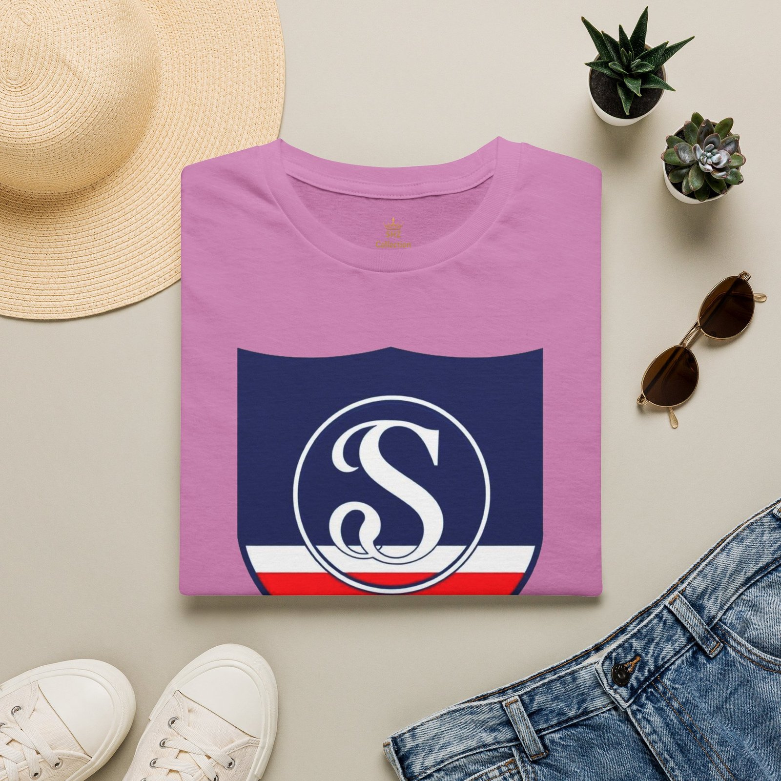 Shield Logo T‑Shirt — Navy Monogram 'S' with Red & White Stripe - Image 77