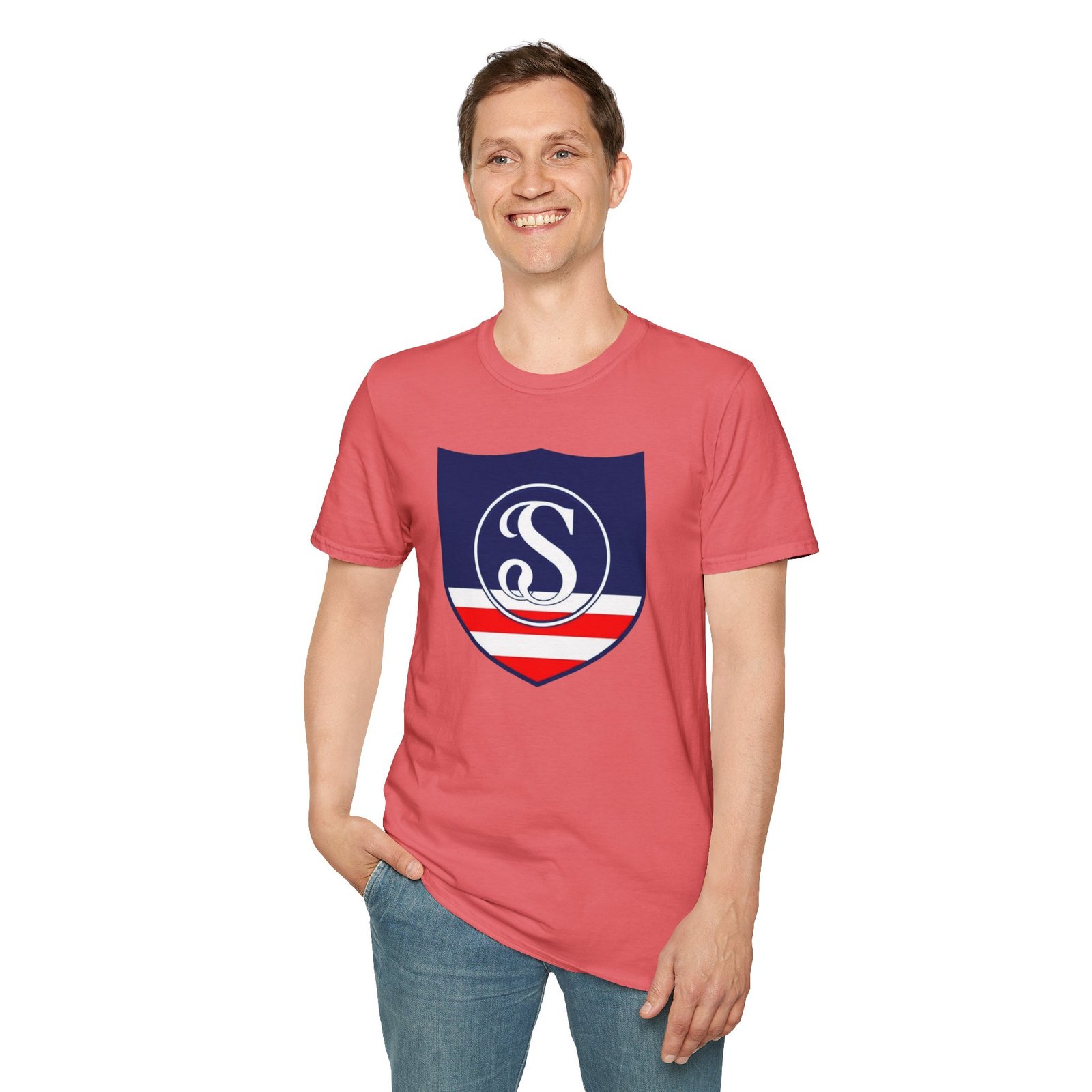 Shield Logo T‑Shirt — Navy Monogram 'S' with Red & White Stripe - Image 15