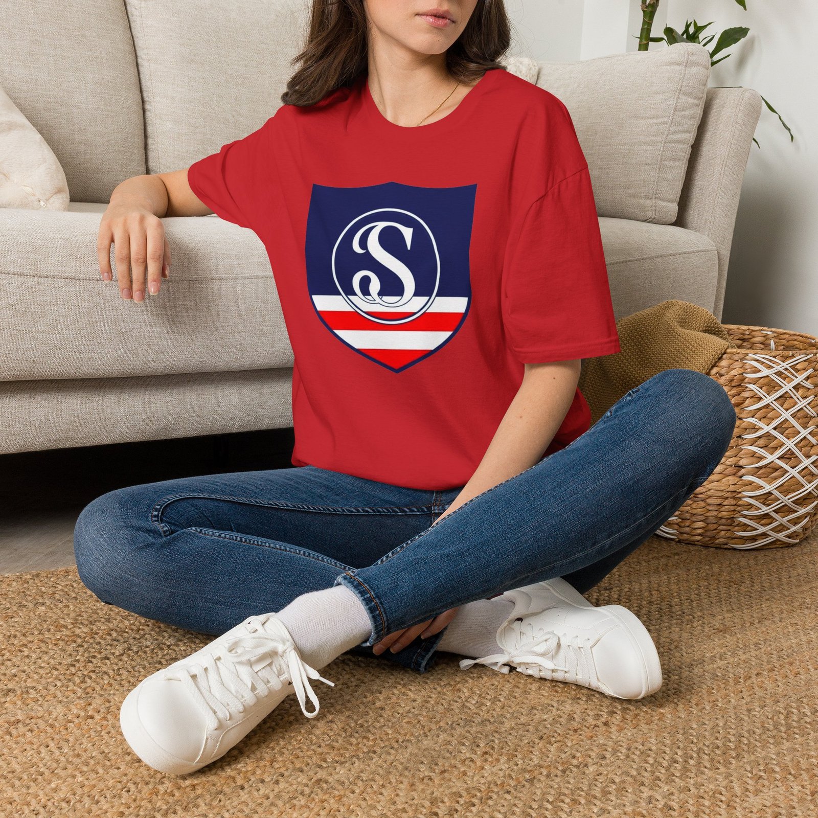 Shield Logo T‑Shirt — Navy Monogram 'S' with Red & White Stripe - Image 100