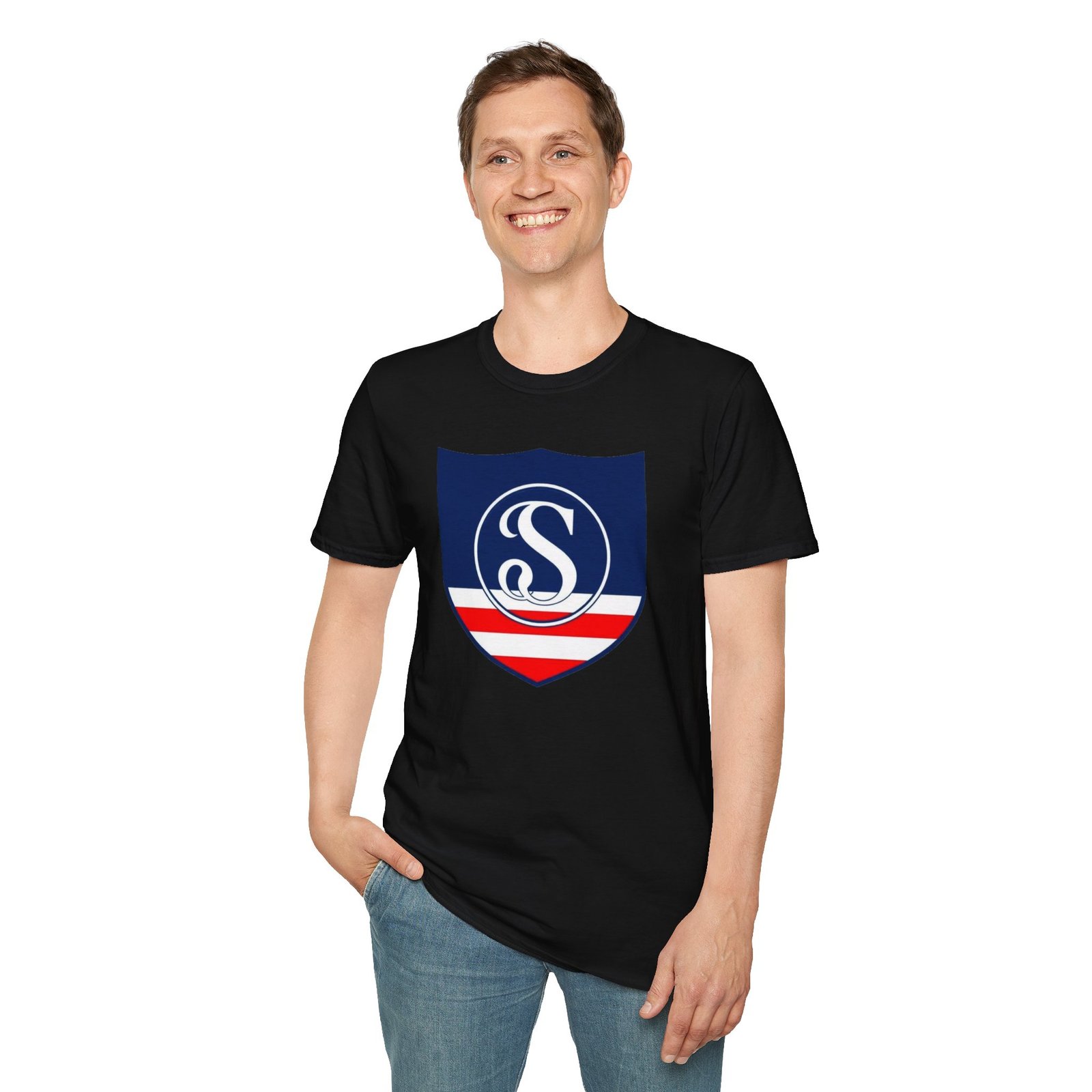 Shield Logo T‑Shirt — Navy Monogram 'S' with Red & White Stripe - Image 23