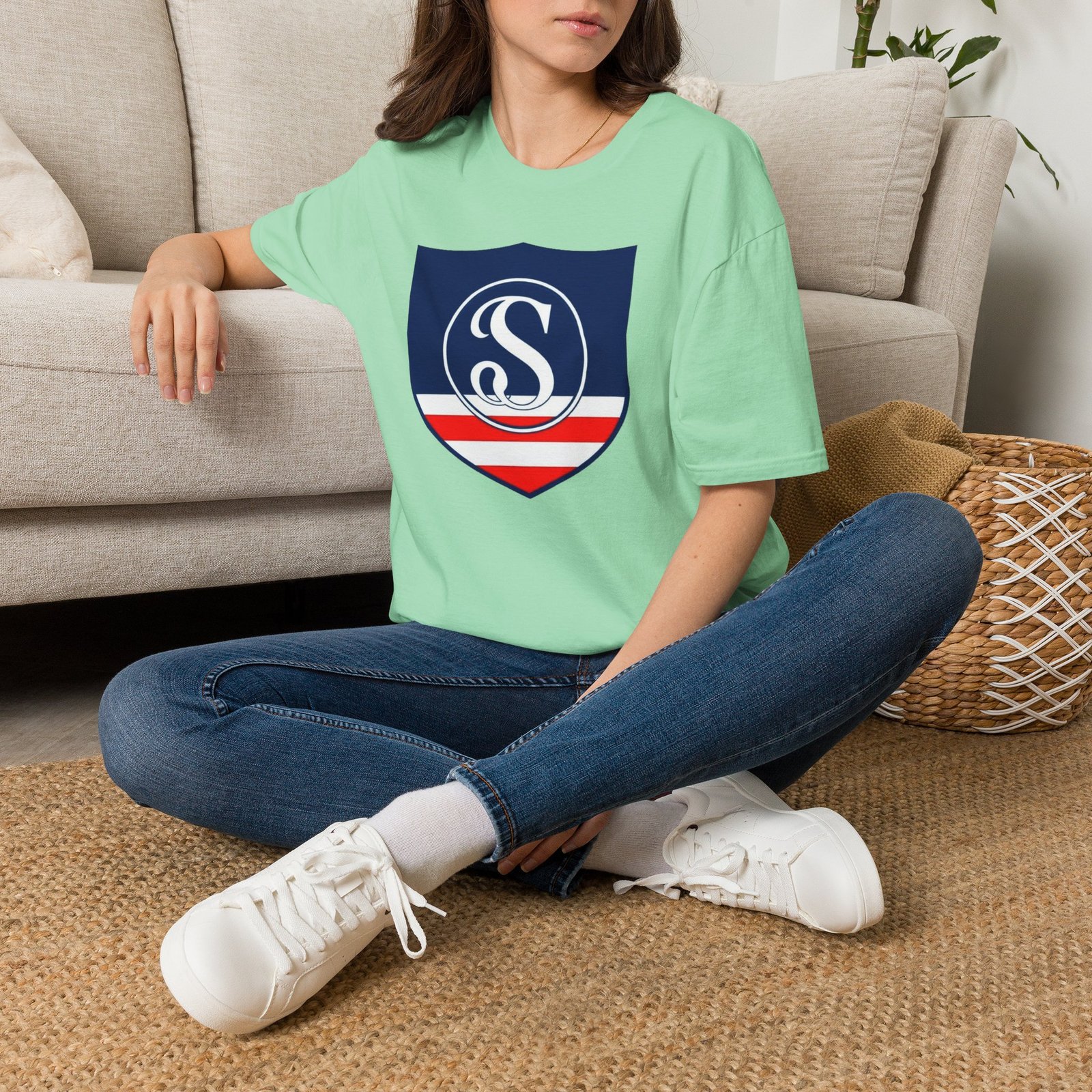 Shield Logo T‑Shirt — Navy Monogram 'S' with Red & White Stripe - Image 44