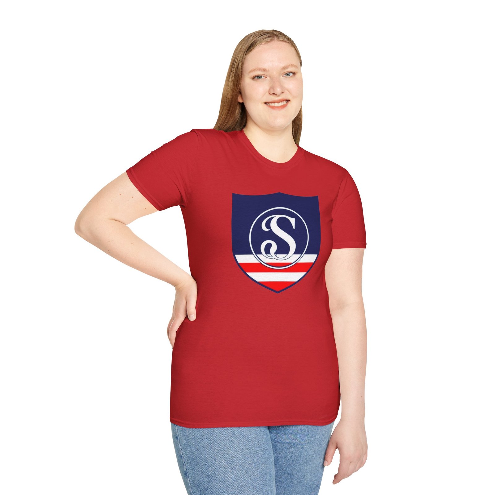 Shield Logo T‑Shirt — Navy Monogram 'S' with Red & White Stripe - Image 102