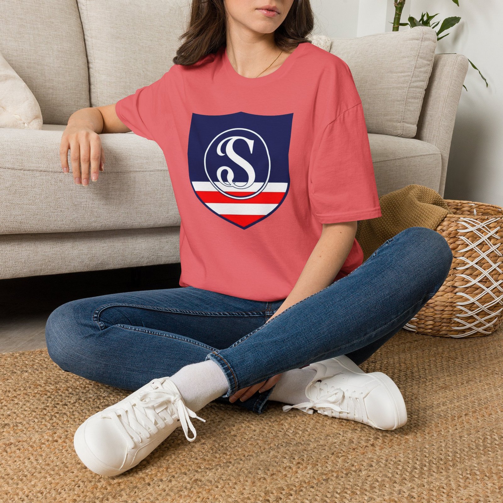Shield Logo T‑Shirt — Navy Monogram 'S' with Red & White Stripe - Image 12