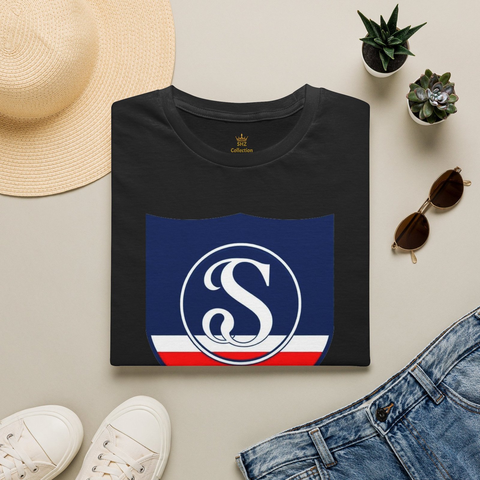 Shield Logo T‑Shirt — Navy Monogram 'S' with Red & White Stripe - Image 21