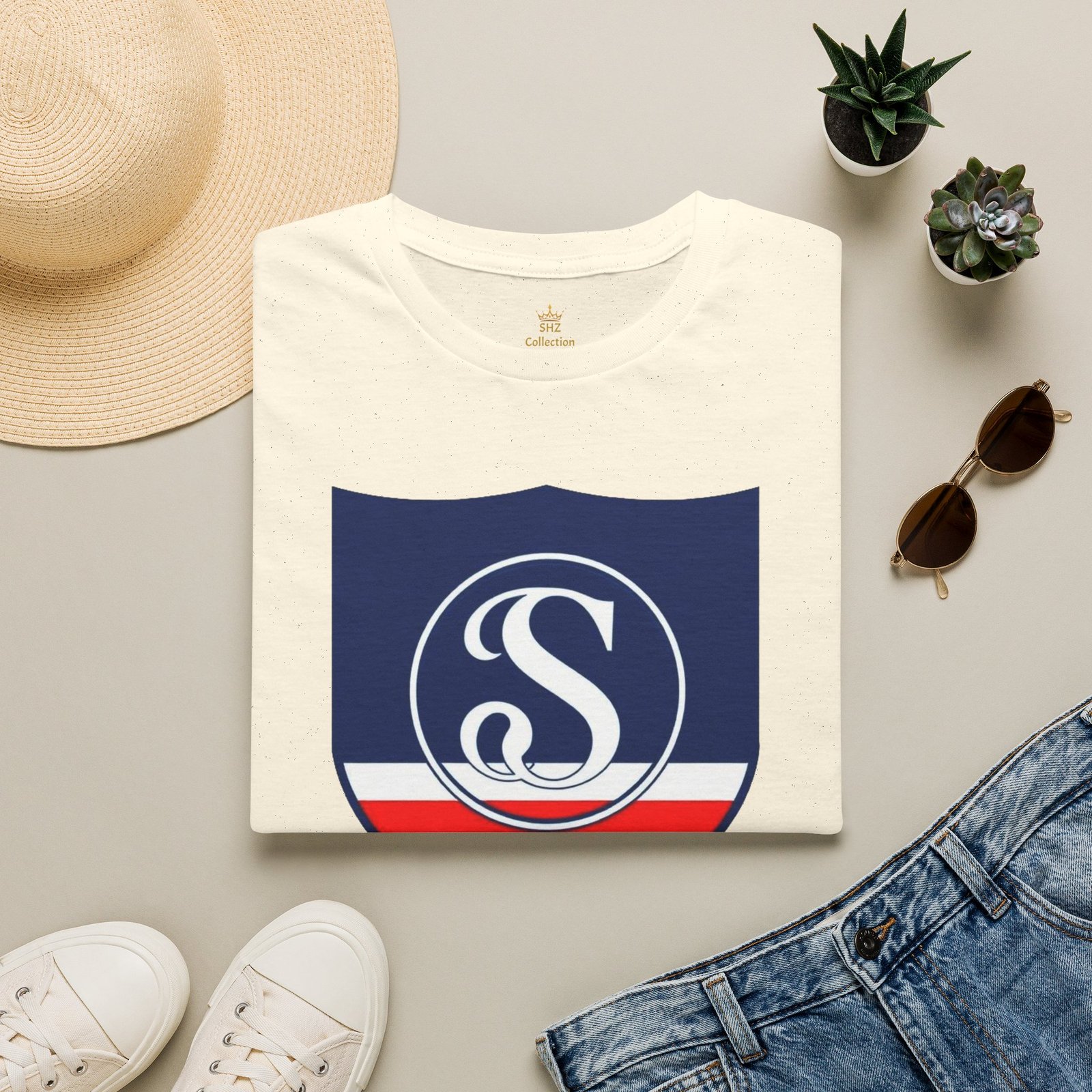 Shield Logo T‑Shirt — Navy Monogram 'S' with Red & White Stripe - Image 37