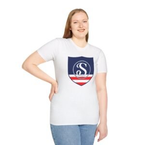 Shield Logo T‑Shirt — Navy Monogram 'S' with Red & White Stripe