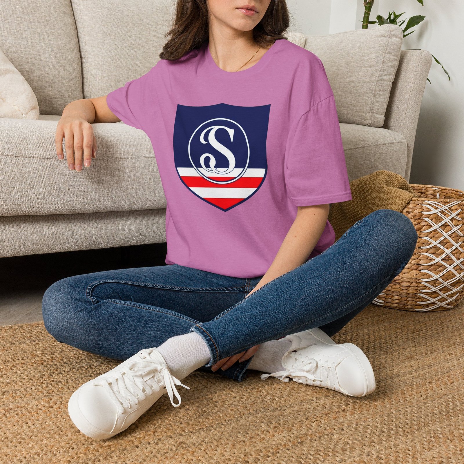 Shield Logo T‑Shirt — Navy Monogram 'S' with Red & White Stripe - Image 76