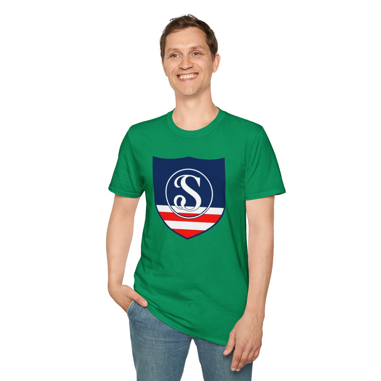 Shield Logo T‑Shirt — Navy Monogram 'S' with Red & White Stripe - Image 55