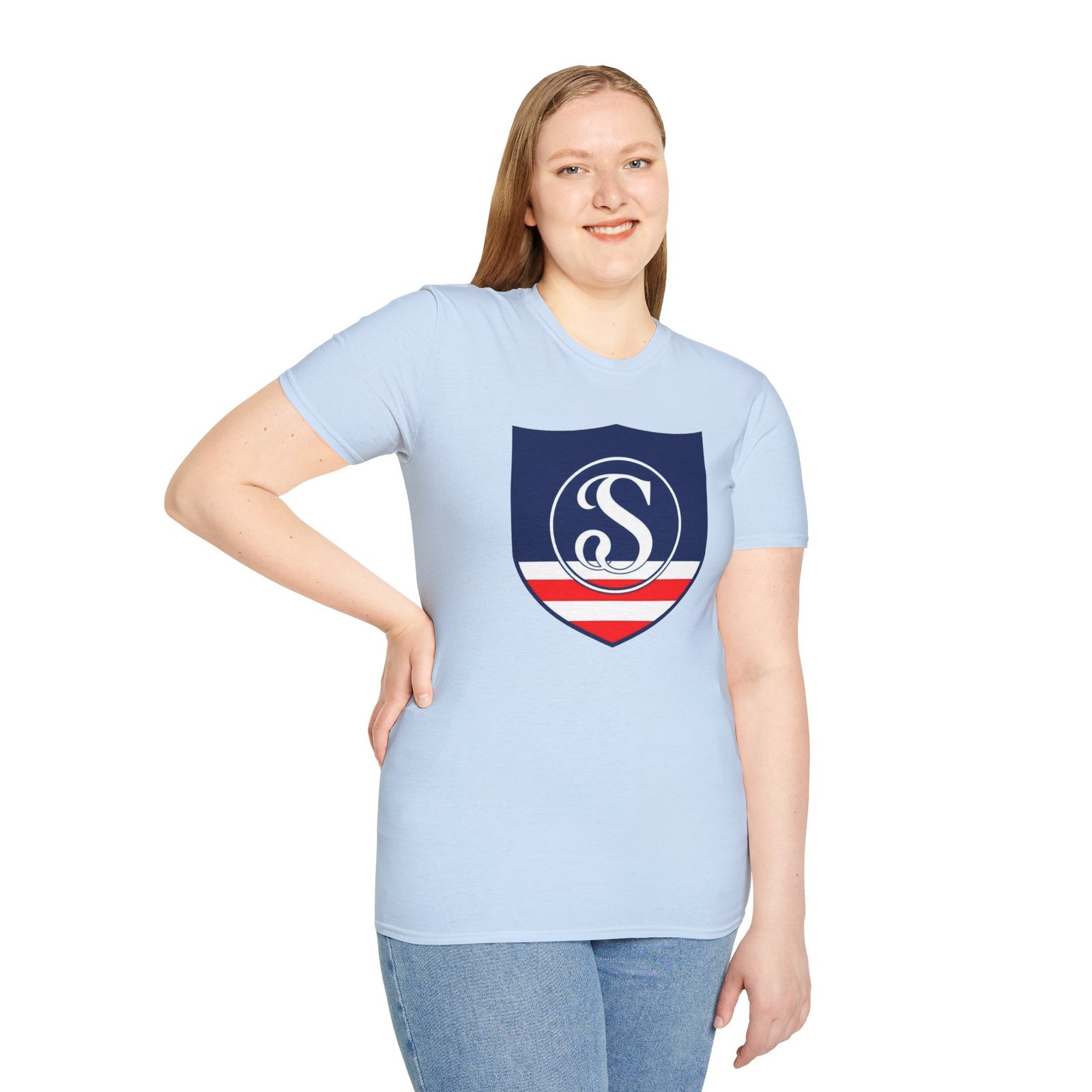 Shield Logo T‑Shirt — Navy Monogram 'S' with Red & White Stripe - Image 70